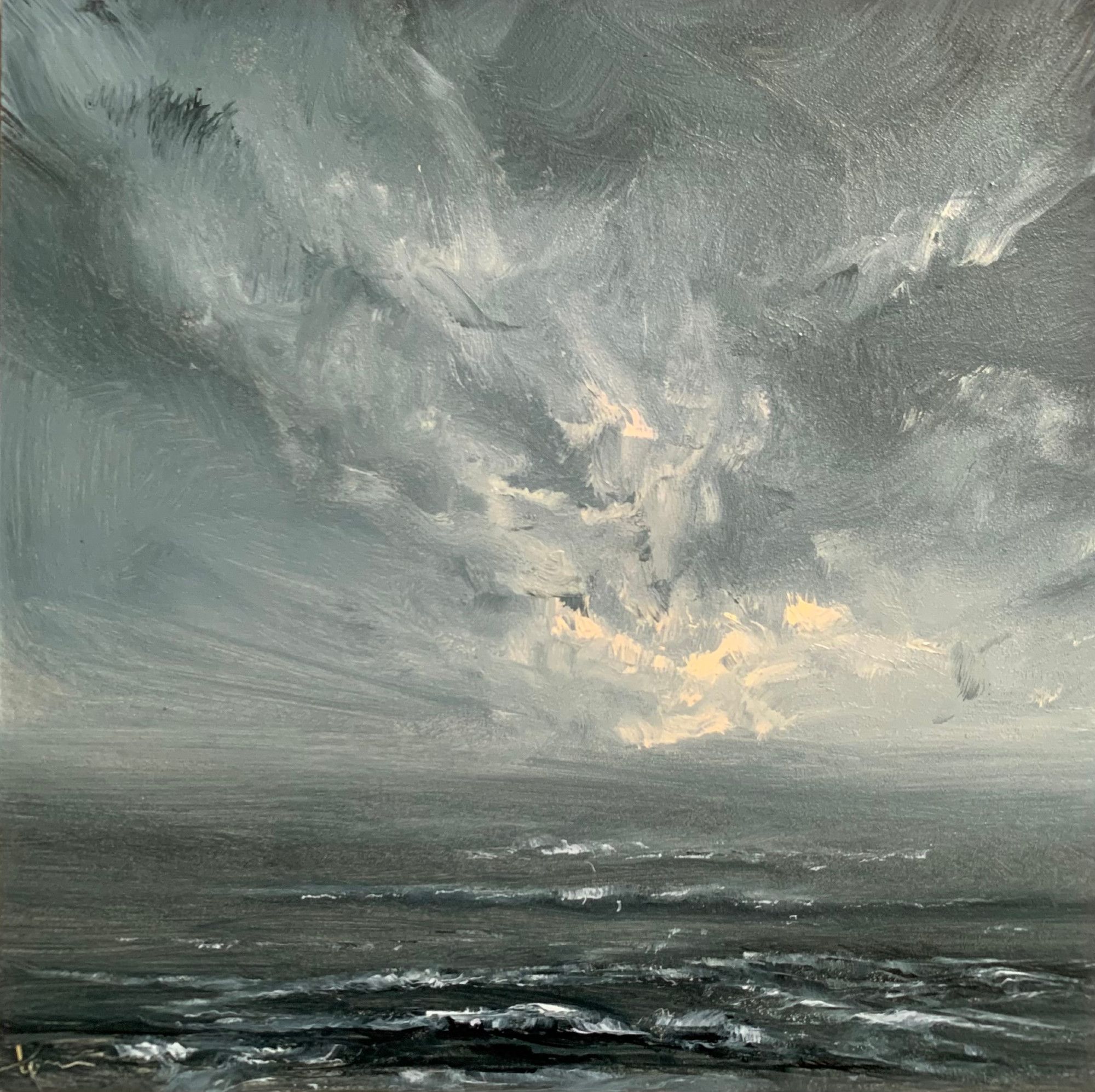 Original seascape oil painting by Tisha Mark, "The Waiting" 6"x6" oil on gessobord (2024). Painted in a limited palette of grays, light yellow sunlight emerges in a stormy sky over a stormy sea.