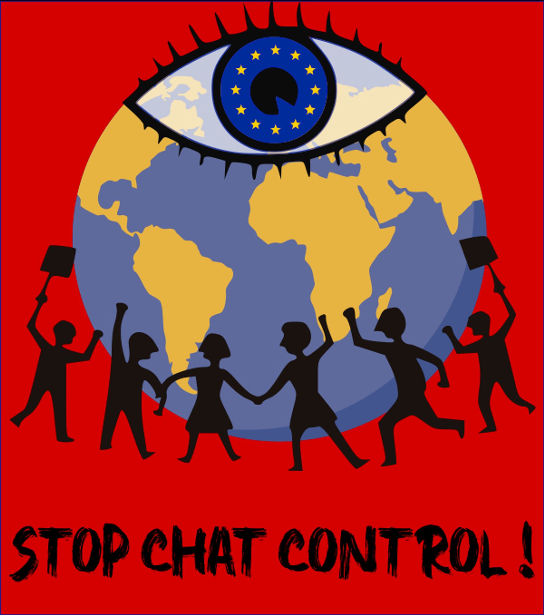 Plaatje van kinderen, dansend en protesterend om de wereldbol, met aarin een alziend EU-vlag oog. Tekst #StopChatcontrol