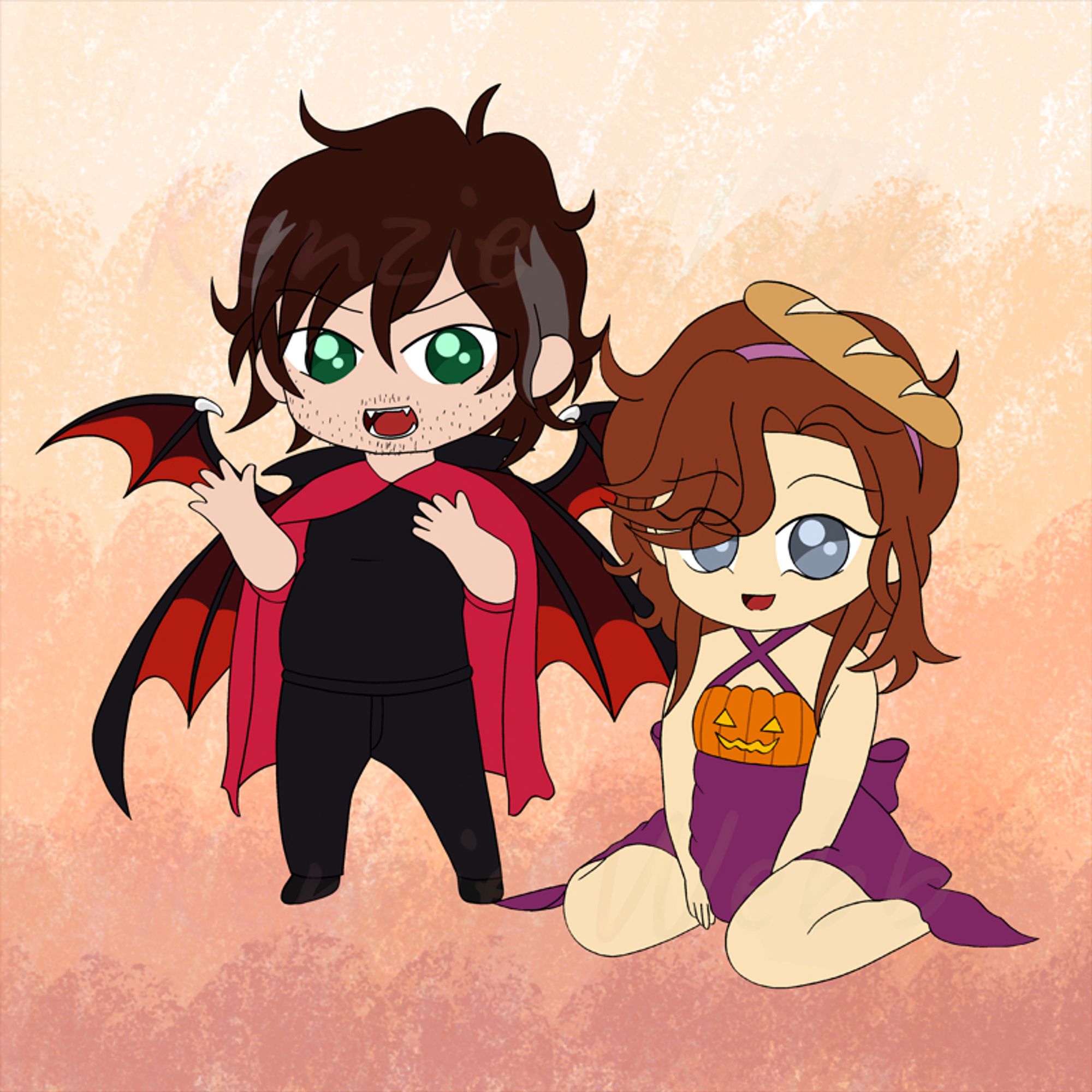 Chibis of my OCs Kenny and Wynter. Kenny is wearing a red and black vampire bat costume with wings attached to his back, and vampire teeth. Wynter is wearing a cute purple (what else?) dress with a jack-o'-lantern on the front and a large purple bow tie on the back. She's also wearing a baguette on her head... as she does.