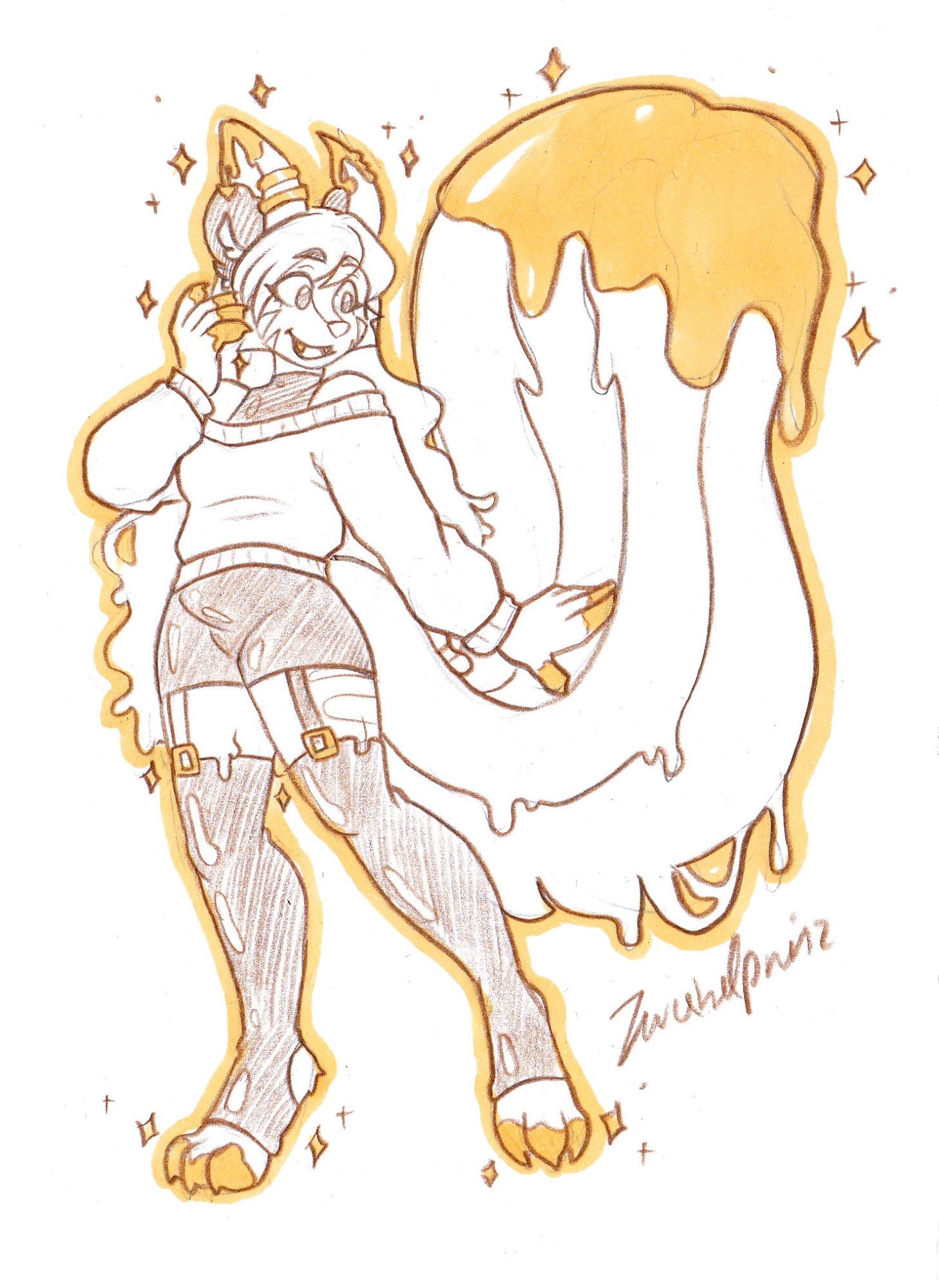 a sketch of a skunk furry. most of her extremities look like they are dipped in golden paint and her fur looks like its drippy and made of slime