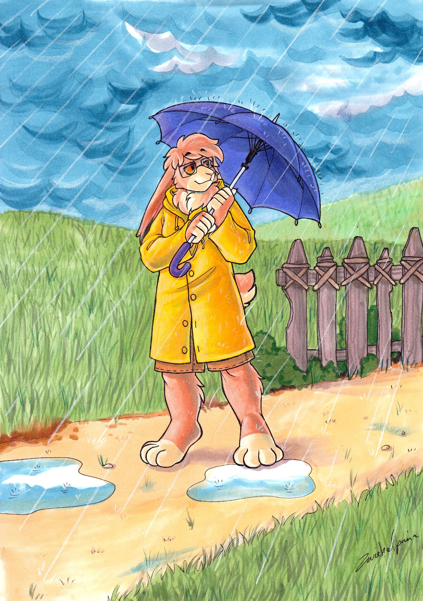 its a scene  of a hare in a rainy field

they are wearing a yellow raincoat and are holding a purple umbrella