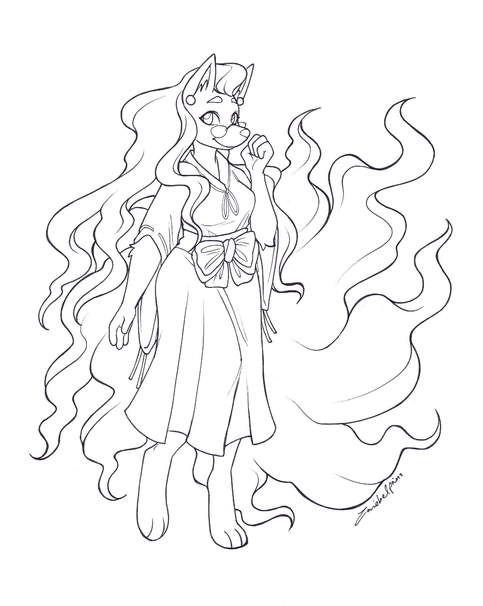 a lineart of a alolan ninetails fursona in a shrinemaiden outfit