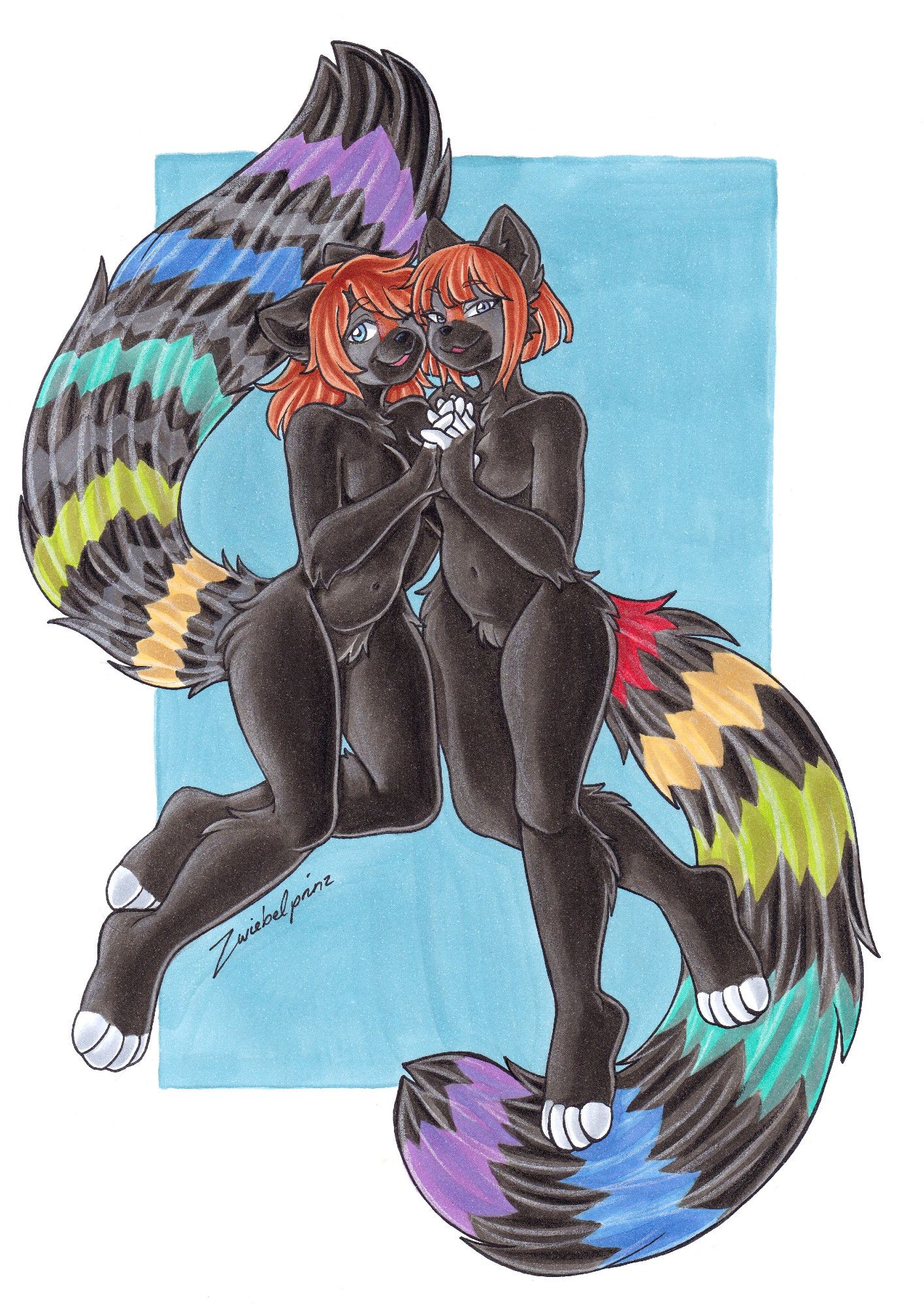 two red panda fursonas . they are femme twins . they are kinda floating , pressing their faces against each other and holding hands. their tails are big and floofy   with rainbow stripes