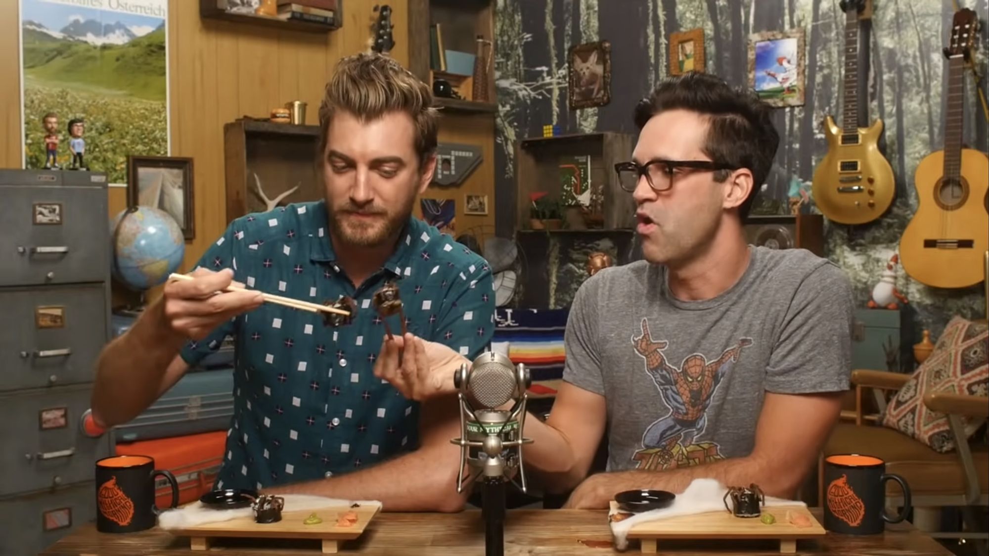 Rhett & Link about to eat tarantula sushi