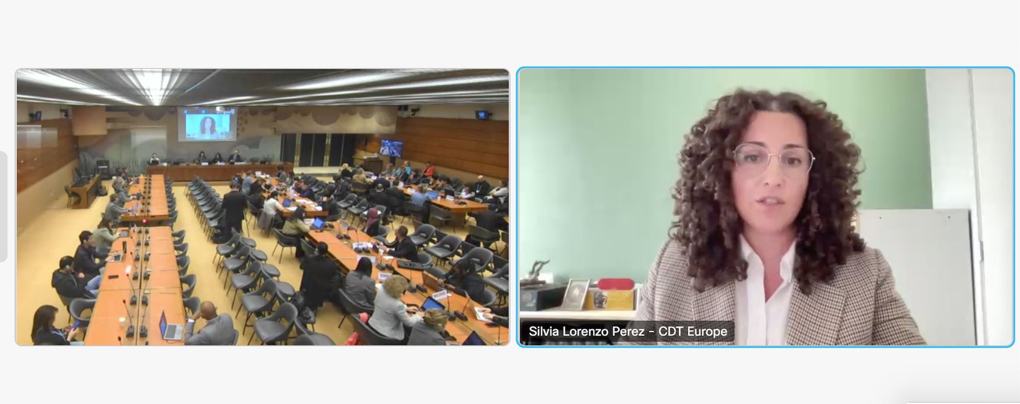 Picture of the UNGA side event room in Geneva on the left and CDT Europe's Director Silvia Lorenzo Perez speaking remotely on the right.