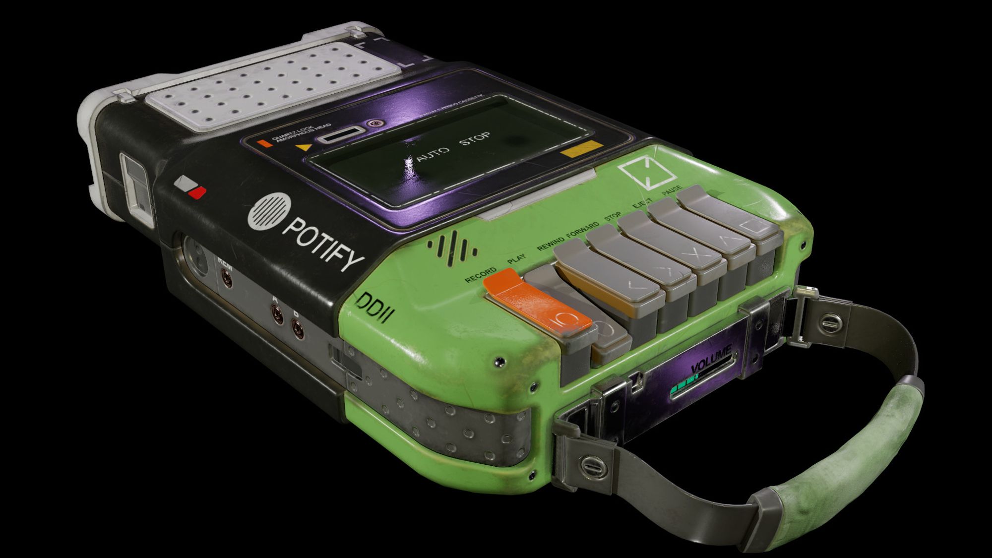 A black and green plastic cassette player in a slightly retro cyberpunk style, labeled as the Potify brand.