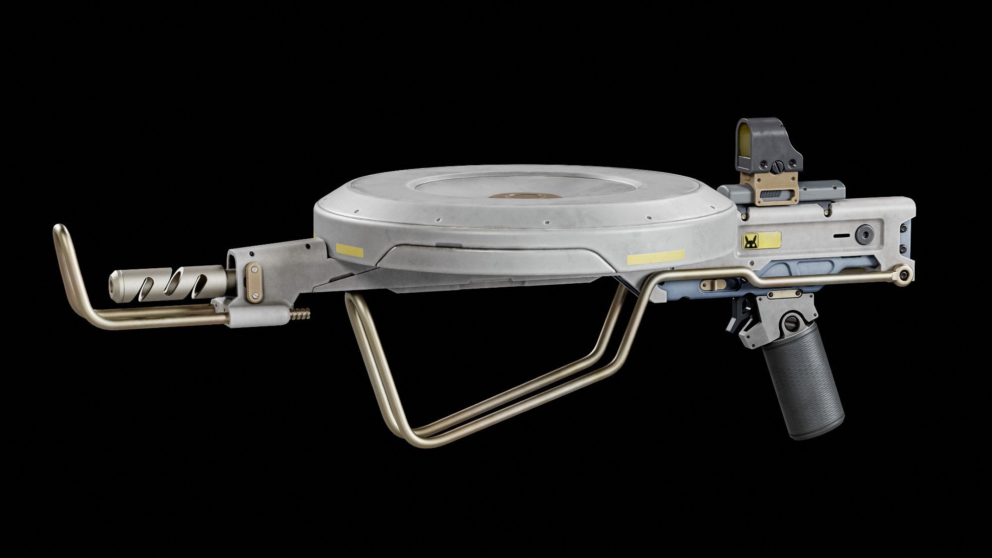 3D model of a submachine gun with a large pie plate style magazine on top, and a sight sticking up over behind it. The gun is mostly an off white plastic with gold/brass looking metal bars front and on the fold out stock.