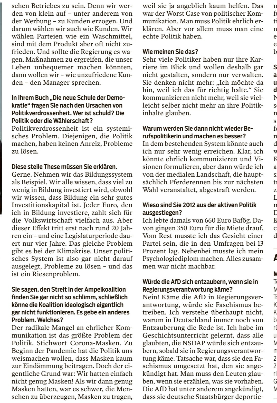 Ausschnitt aus einem Interview mit Marina Weisband in der Südwestpresse vom 30.4.2024