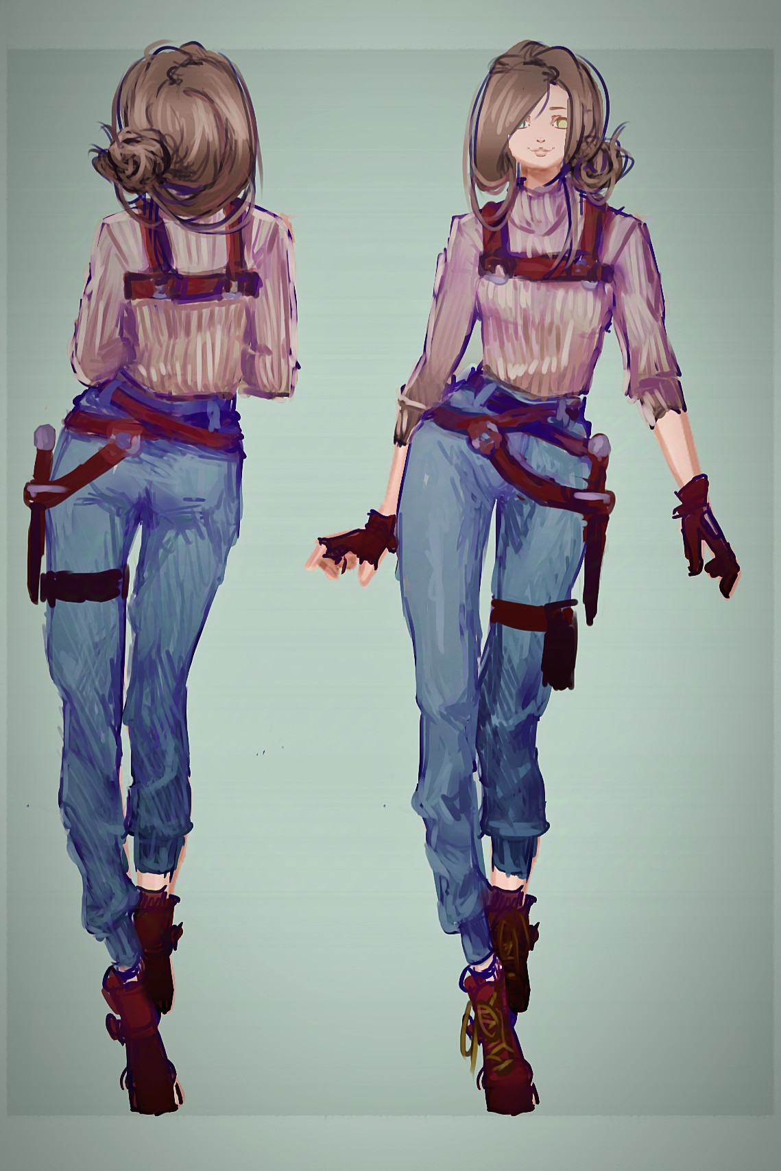 oc drawing, wearing red leather gloves, combat boots, knife holster & belts