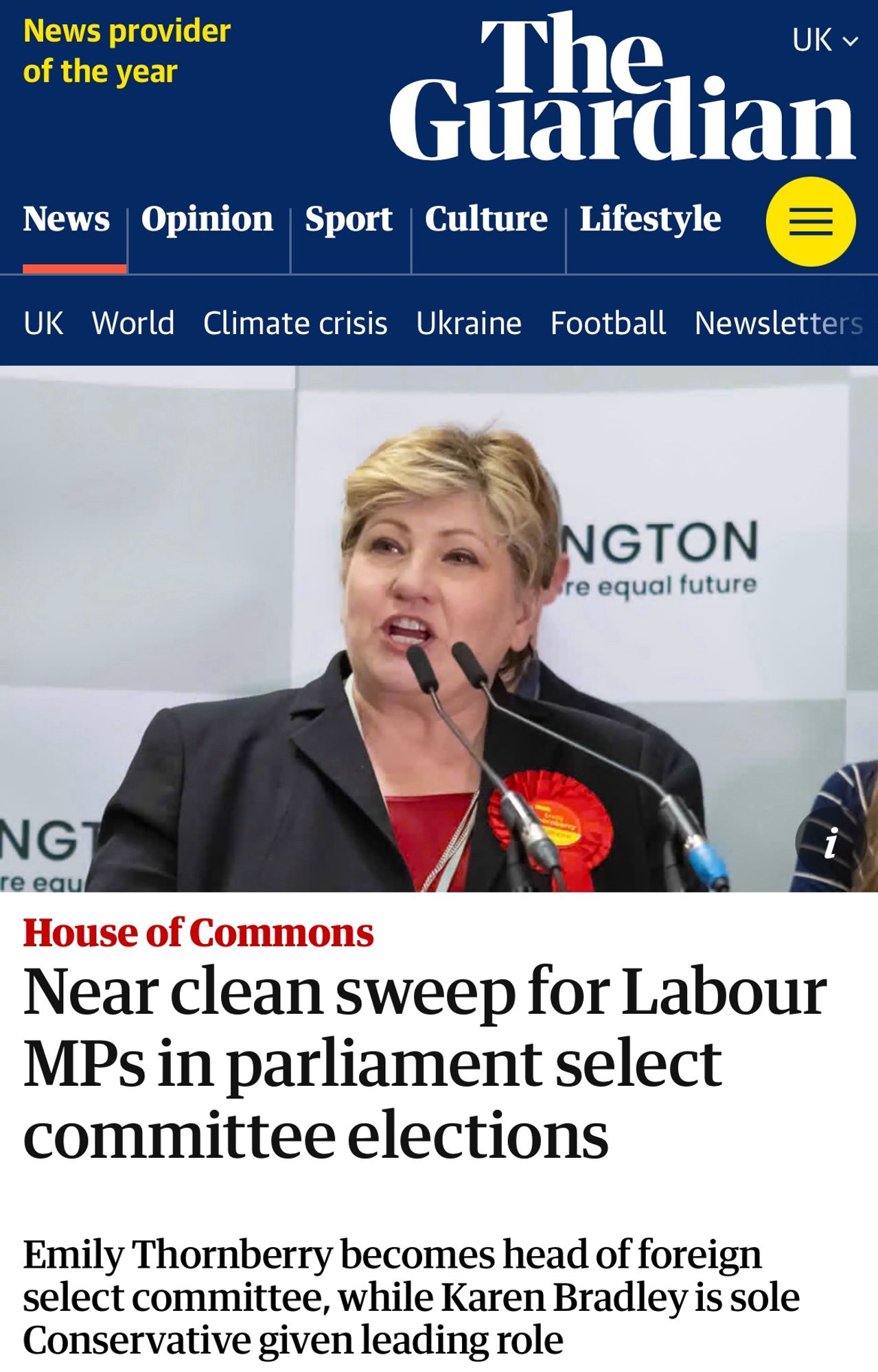 Newspaper headline in The Guardian that reads: “Near clean sweep for Labour MPs in parliament select committee elections”