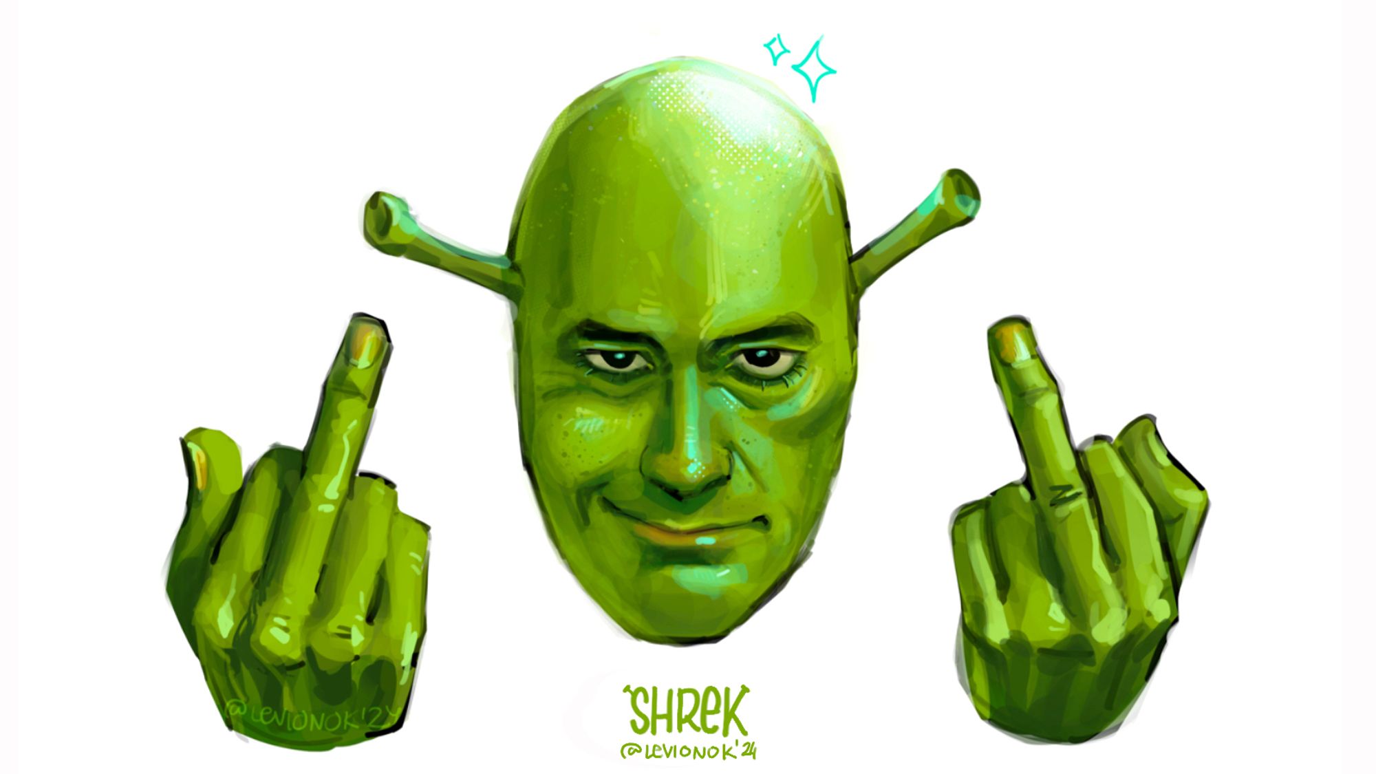 taika waititi depictured as a bold shrek showing middle fingers