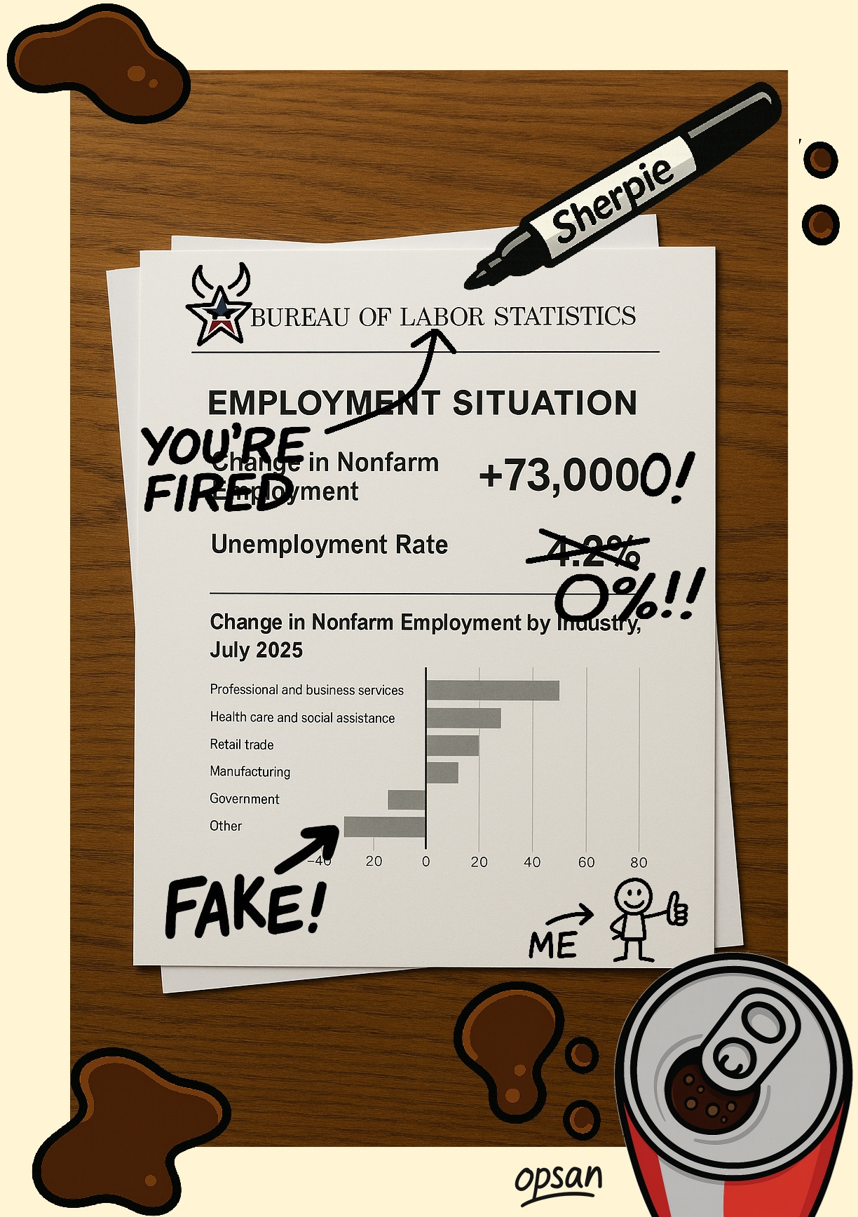 A political cartoon highlighting the recently rejected Bureau of Labor Statistics numbers and the subsequent termination of the expert in charge.