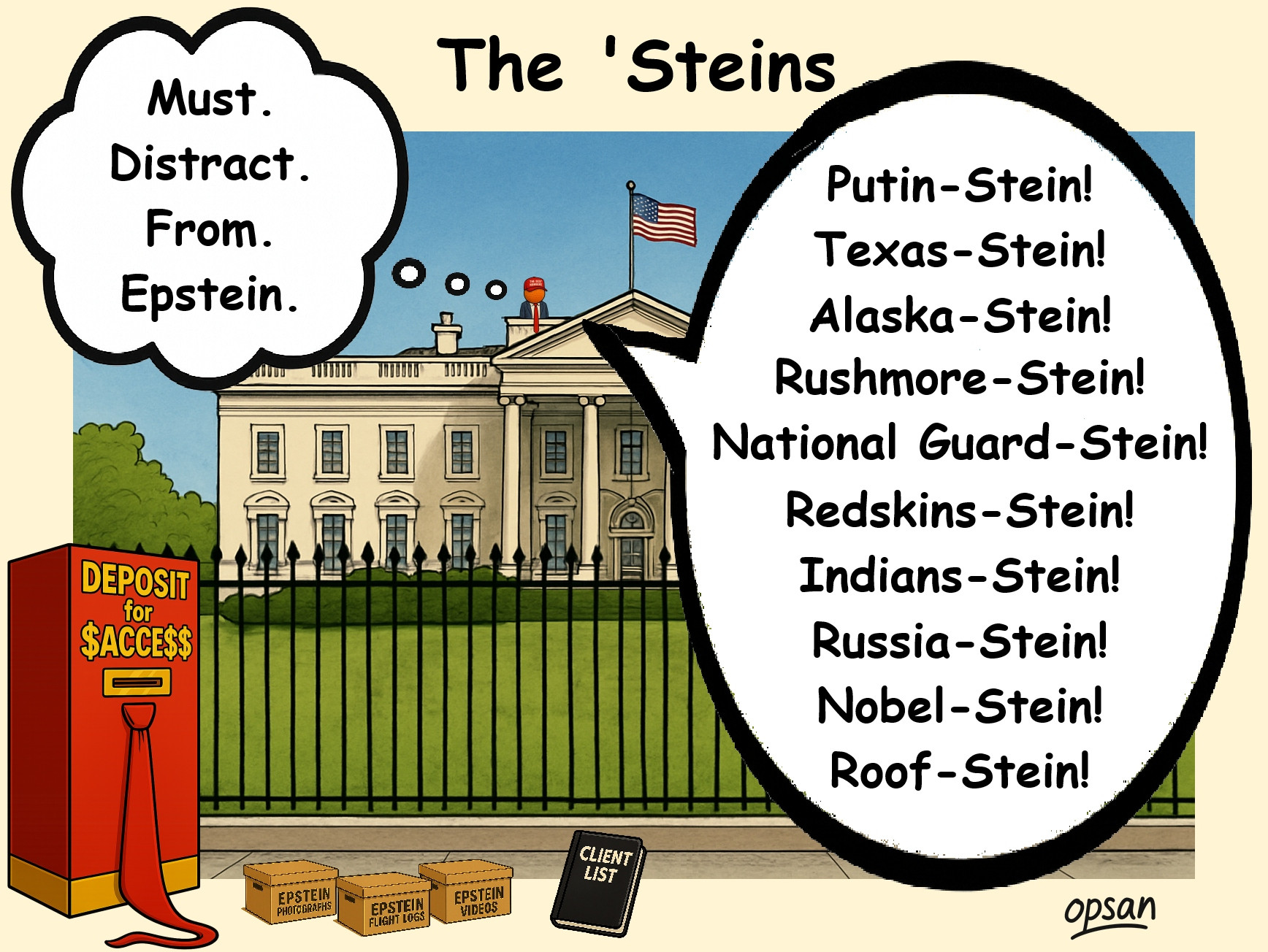 A political cartoon depicting the variety of news, announcements, and activities of the Administration to get the Public distracted from the Epstein Files.