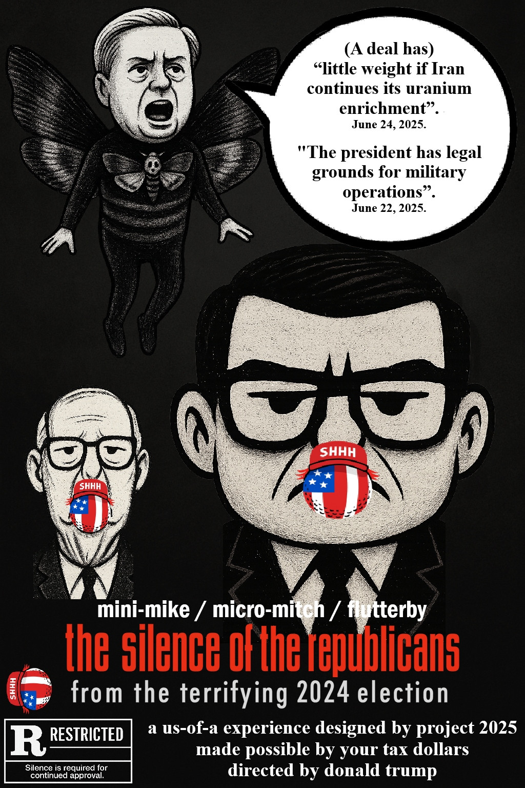 A political cartoon in the genre of a movie poster depicting who is silent, and who is not. 