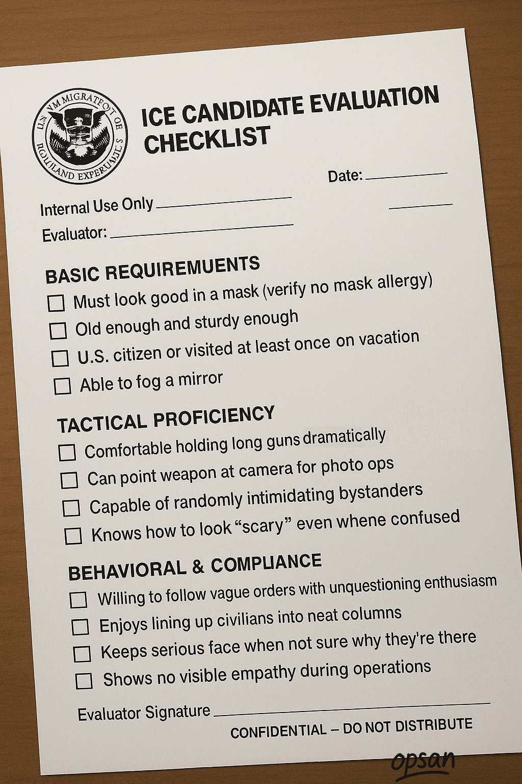 A political cartoon highlighting the interview checklist for incoming ICE candidates. 
