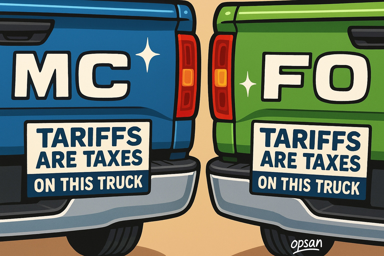 A political cartoon highlighting the impact of tariffs on trucks manufactured primarily in the United States. 