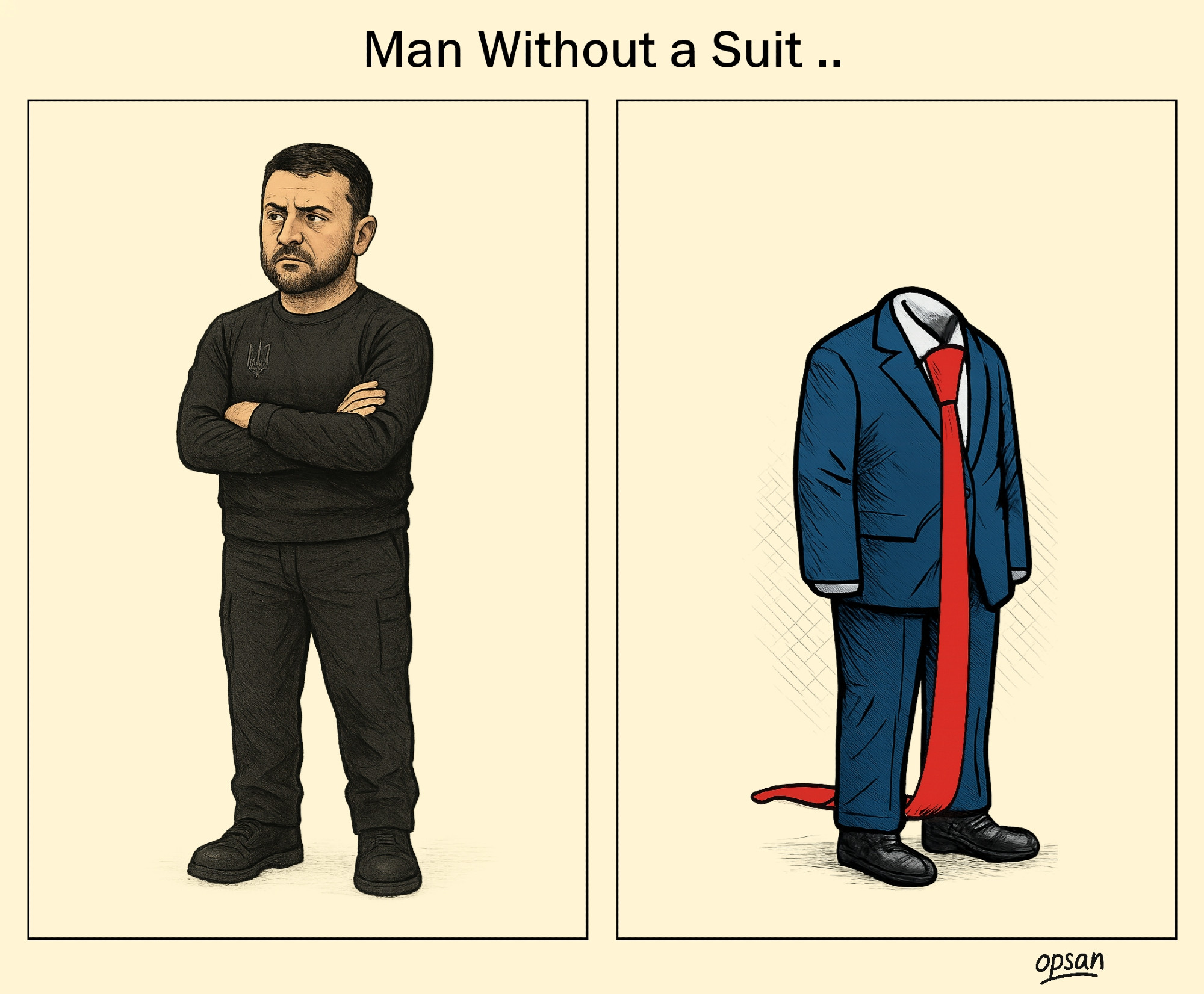 A political cartoon that compares the leaders of Ukraine and the United States.