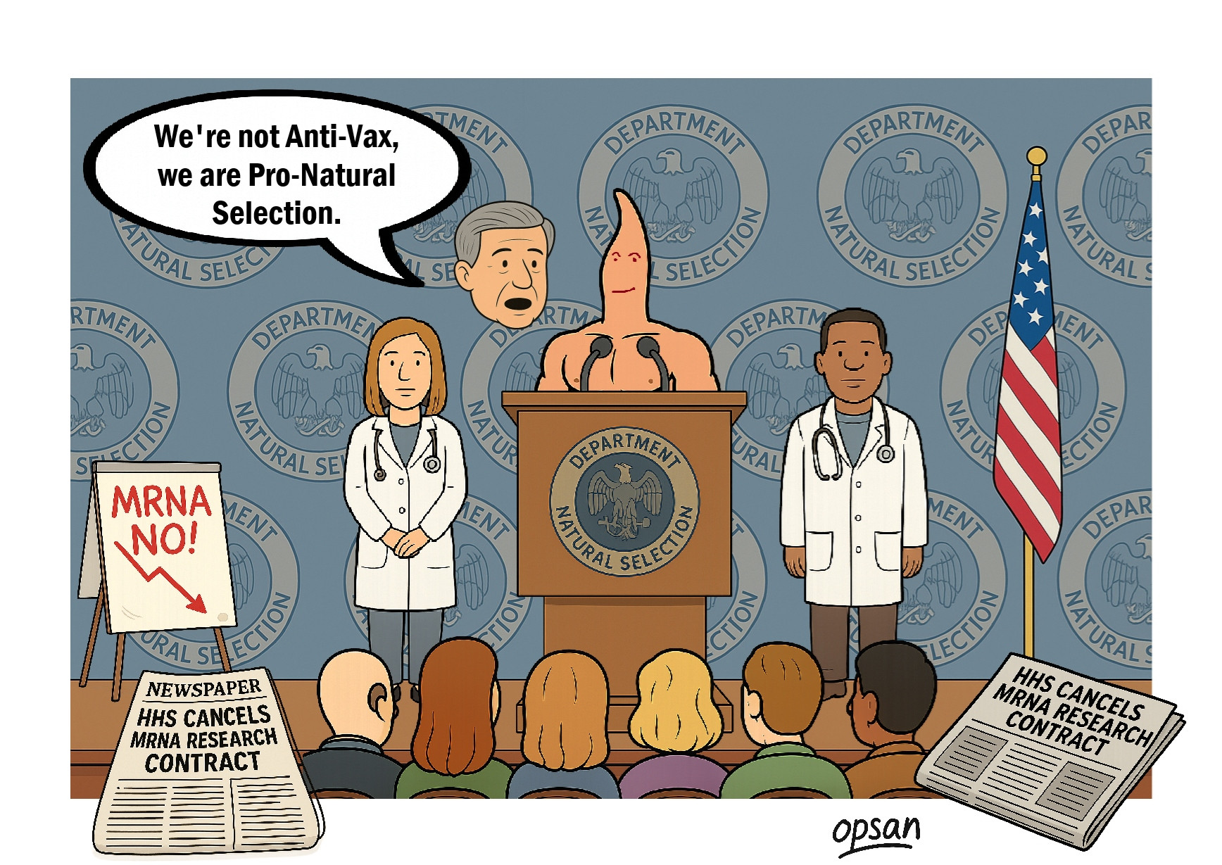 A political cartoon depicting the recent cancellation of a contract for MRNA research. 