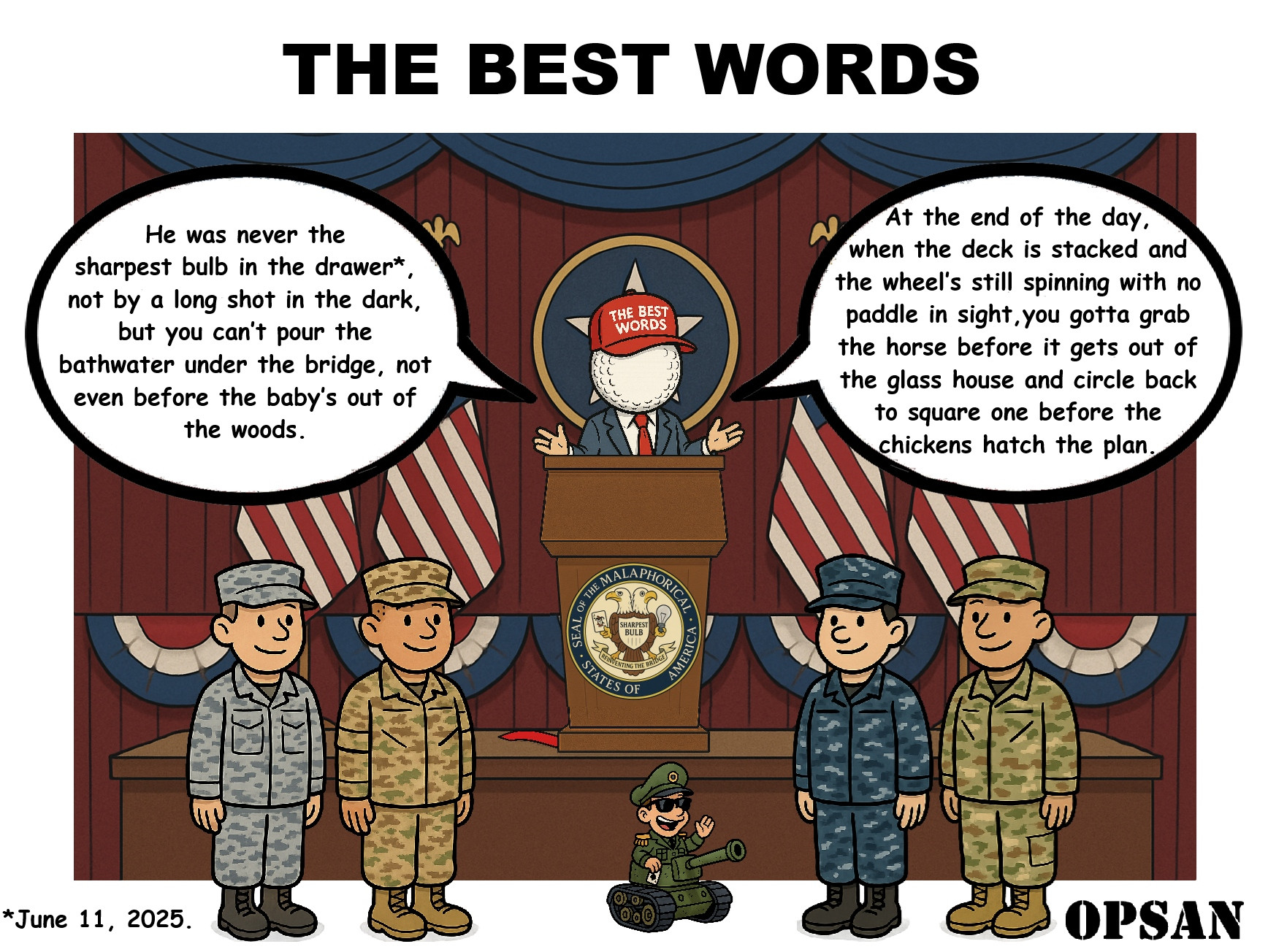 A political cartoon spoofing a speech featuring the confusion of aphorisms. You might need to look it up (I did). 