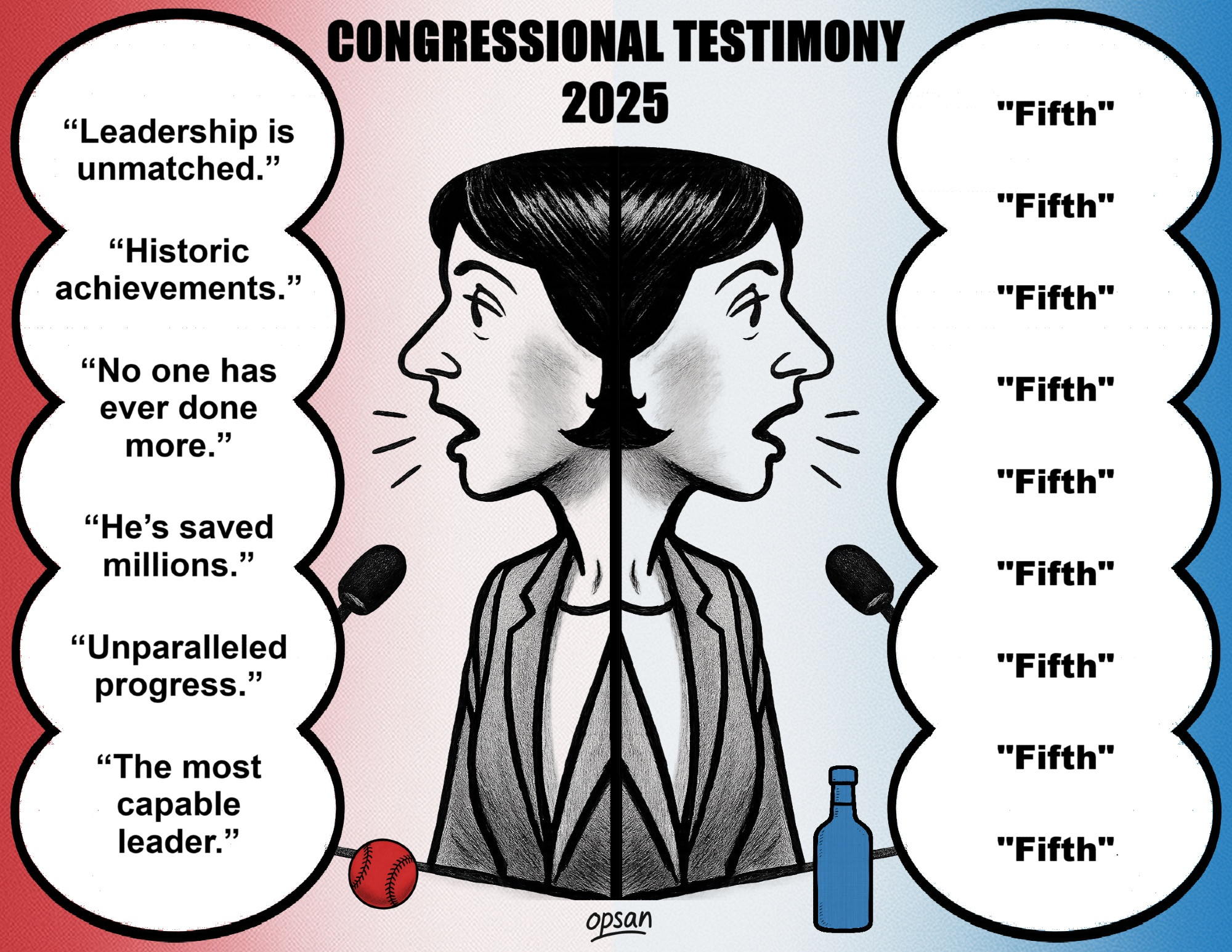 A political cartoon highlighting two sides of congressional testimony in 2025.