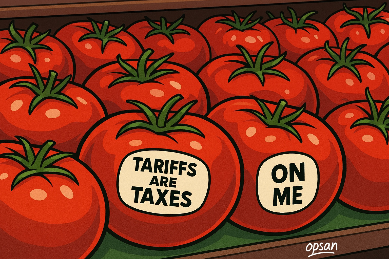 A political cartoon highlighting the impact of tariffs on produce imported into the United States. 