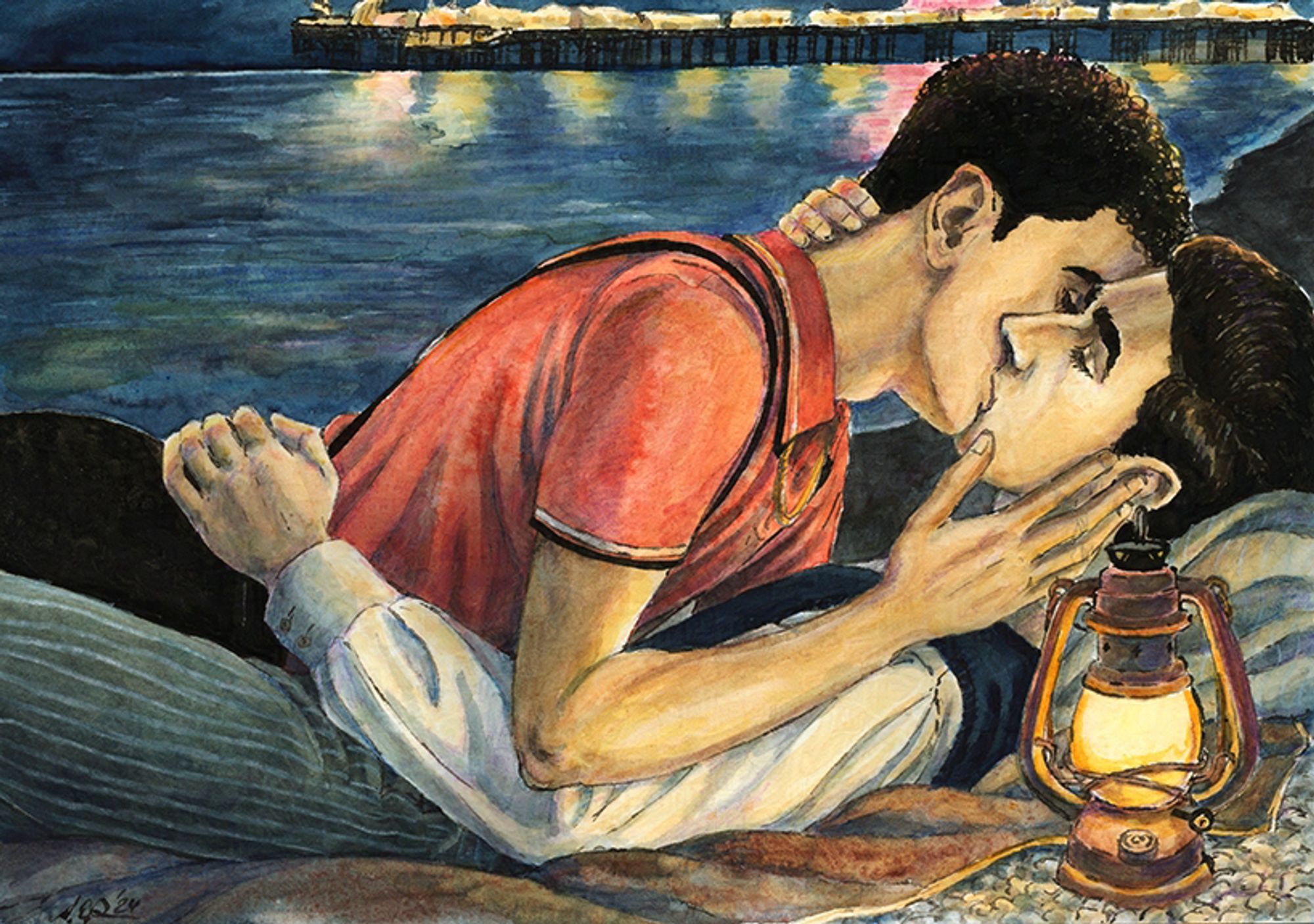 Ink and watercolour art showing Charles and Edwin lying on a blanket on a shingly beach kissing by lamplight, with the brightly illuminated Brighton Pier in the background, the lights reflecting on the sea.