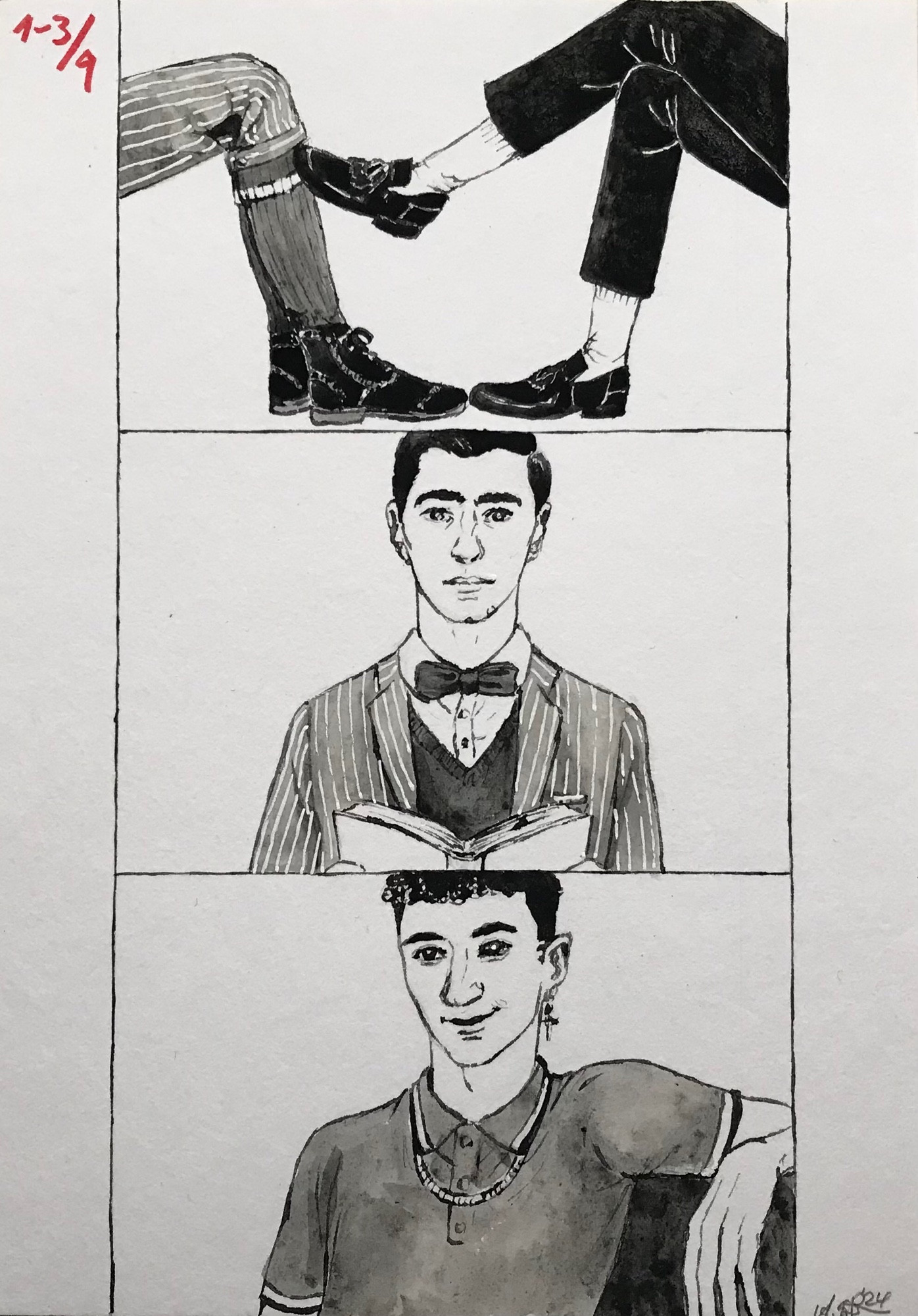 Comic consisting of three panels drawn in ink and inkwash. The first shows Edwin’s and Charles’s legs with Charles’s foot touching the hem of Edwin’s knickerbocker. The second panel shows Edwin looking up from his book.The third shows Charles grinning at him.