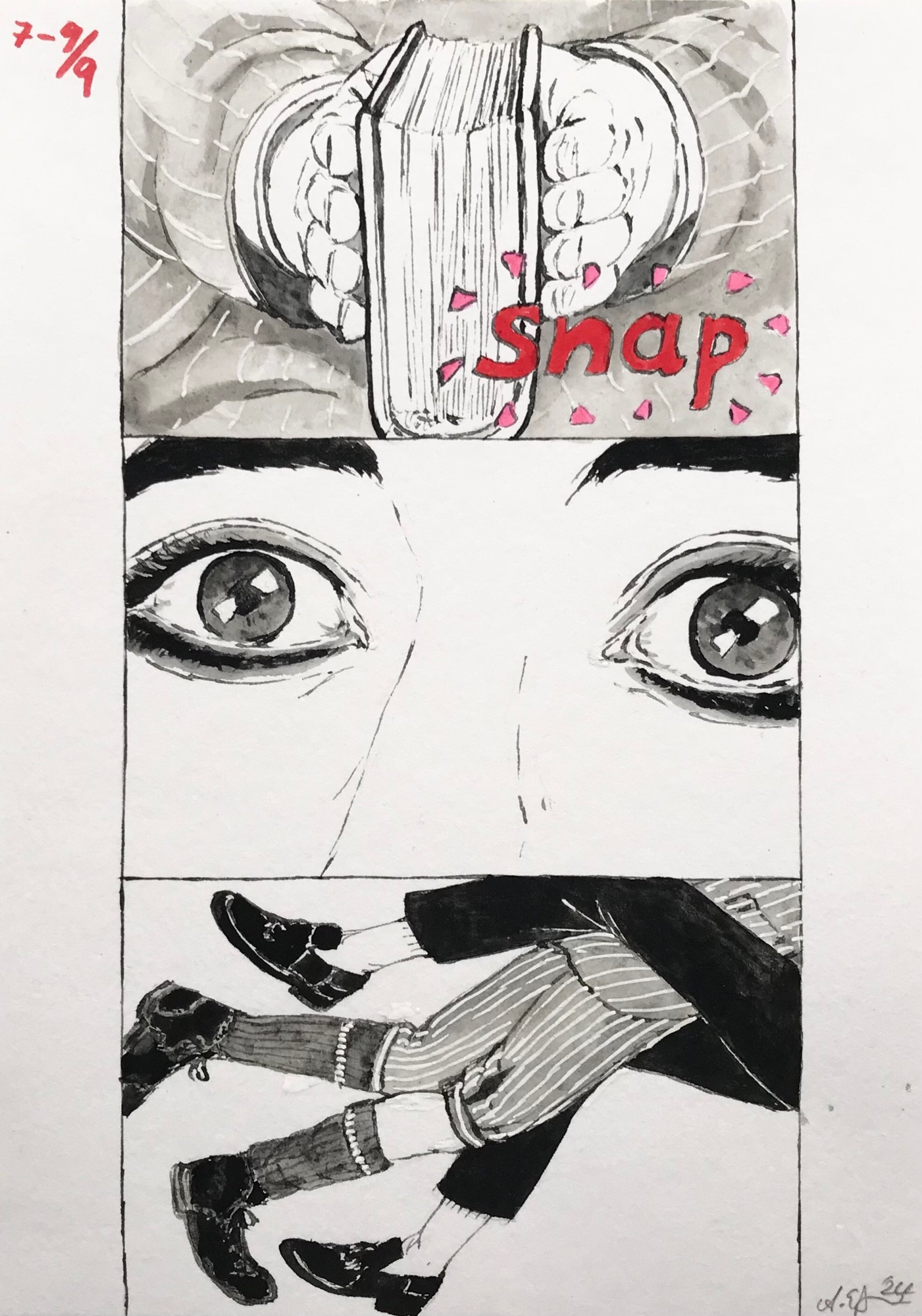 Ink and inkwash comic consisting of three panels (of nine): close-up of Edwin’s hands snapping the book shut; detail of Charles’s eyes widened in shock; shot of Edwin’s and Charles’s legs as Edwin tackles Charles and he falls backwards.