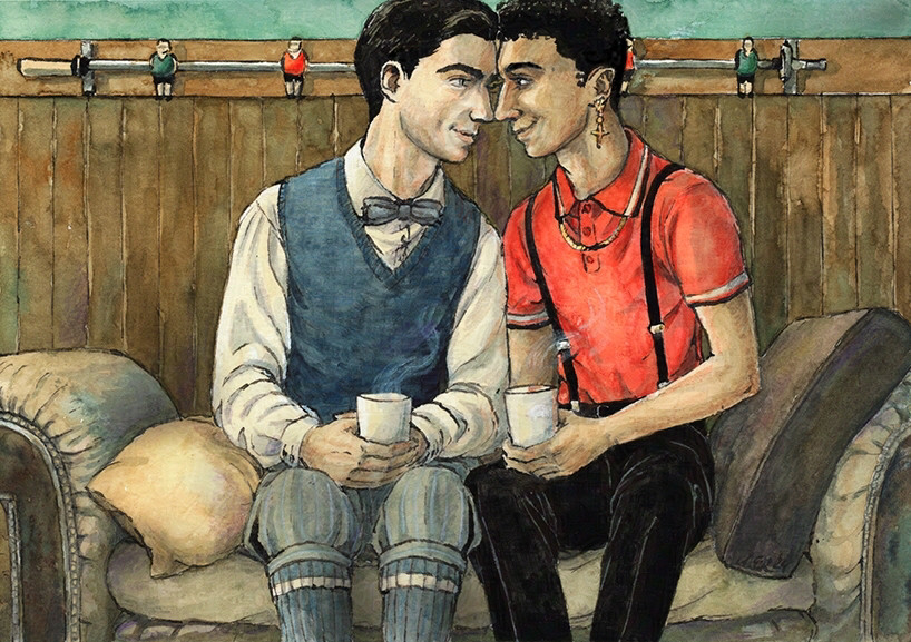 Ink and watercolour art showing Edwin and Charles sitting next to each other on their sofa holding paper cups with steaming beverages. The boys are smiling and gazing at each other with their foreheads touching.