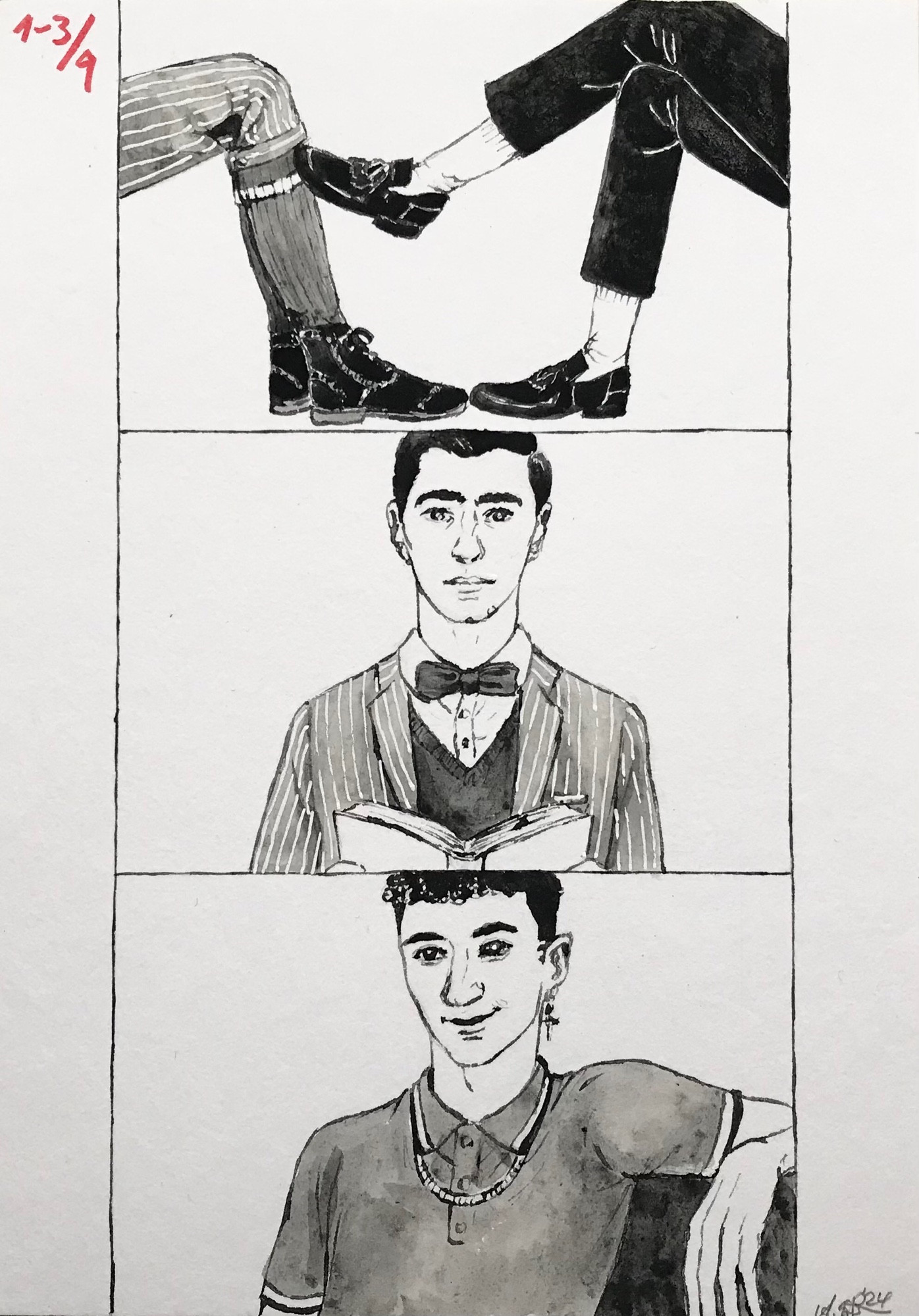 Ink and inkwash comic consisting of three (of nine) panels, showing Edwin’s and Charles’s legs with Charles’s foot touching the hem of Edwin’s knickerbocker, a shot of Edwin looking up from a book, and one of Charles grinning at him.