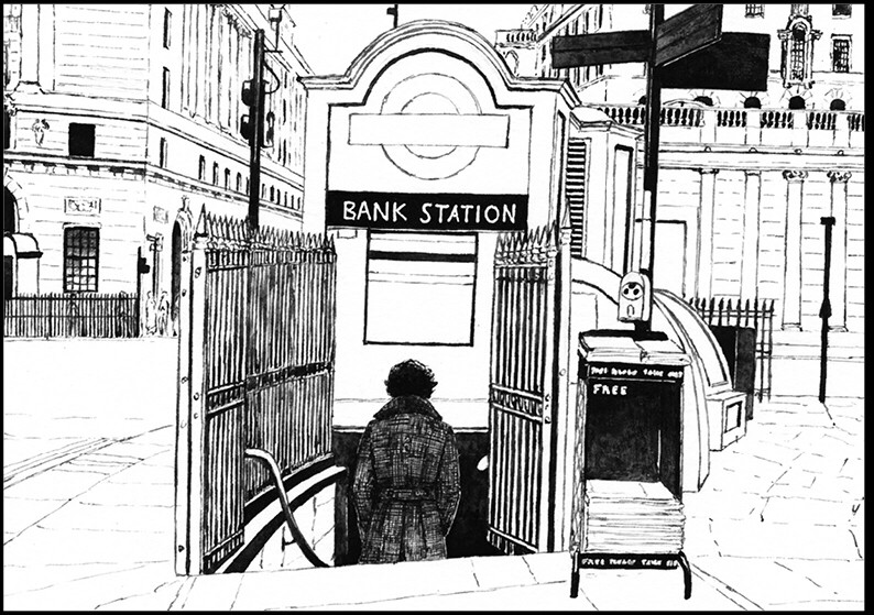 Ink lineart of an entrance of Bank Underground Station with Sherlock walking down the steps under large signs stating the name of the station. Iron railings are to both sides of the stairs, as well as a newsstand. In the background are buildings with neo-classical facades with pillars etc.