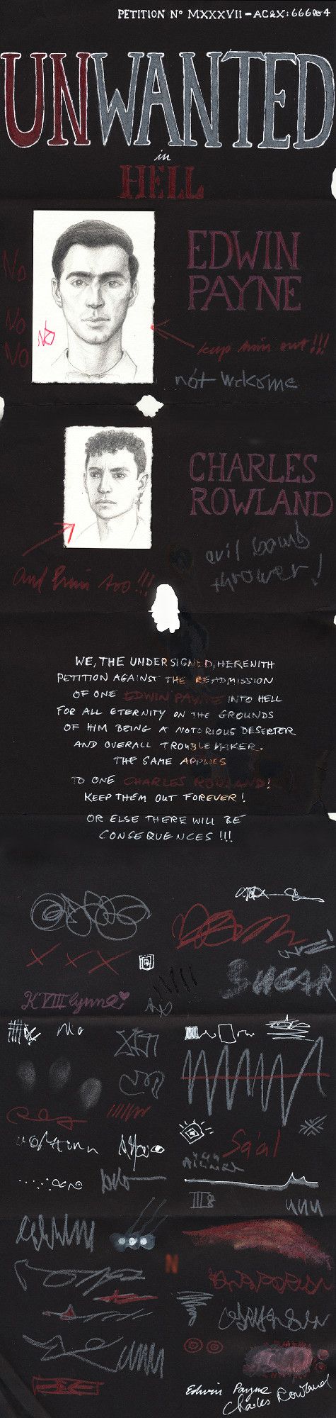 Petition written in white pen and white, red and pink coloured pencil on black paper. It also features two pencil portraits of Edwin and Charles drawn on white paper, and a long list of signatures by various demons.