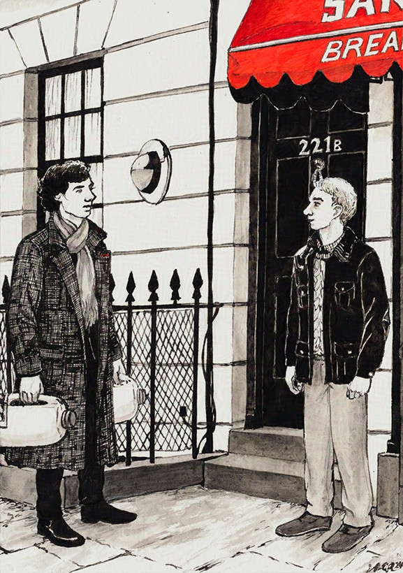 Ink and inkwash drawing showing Sherlock and John standing in front of the black door of 221B Baker Street (with Speedy’s red awning in the upper right corner). Sherlock is carrying two large cannisters of milk, one in each hand. John is looking at him.