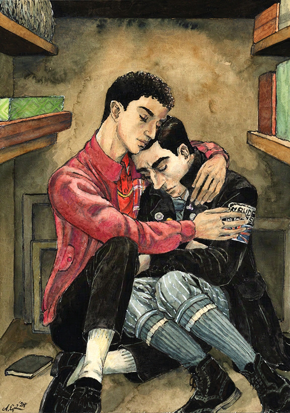 Ink and watercolour art showing Charles and Edwin sitting on the floor of their games cupboard with Charles holding Edwin who is huddled up in Charles’s black jacket.