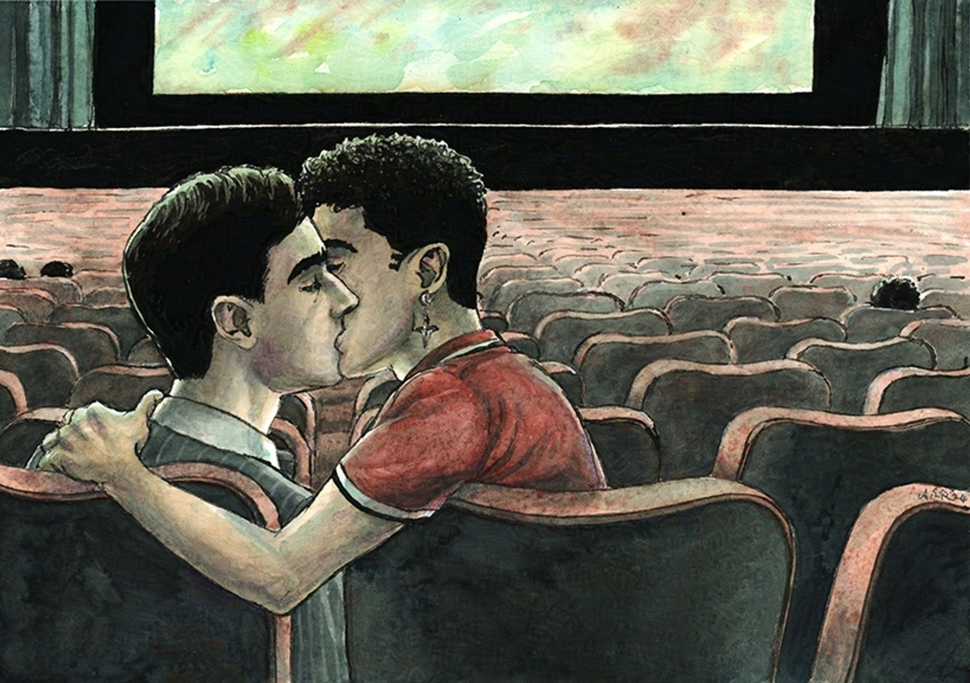 Ink and watercolour art showing Edwin and Charles kissing in a darkened cinema with few other people scattered in seats further into the room. Behind the boys in the background is a large greenish screen, the seats are red. Charles is leaning towards Edwin with his arm on the armrest of Edwin’s chair.