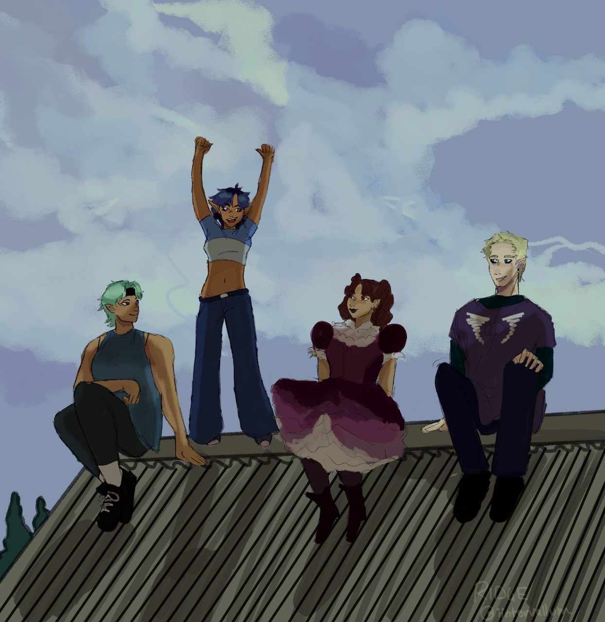 A digital art illustration of 4 characters on a roof, all except for one are sitting down