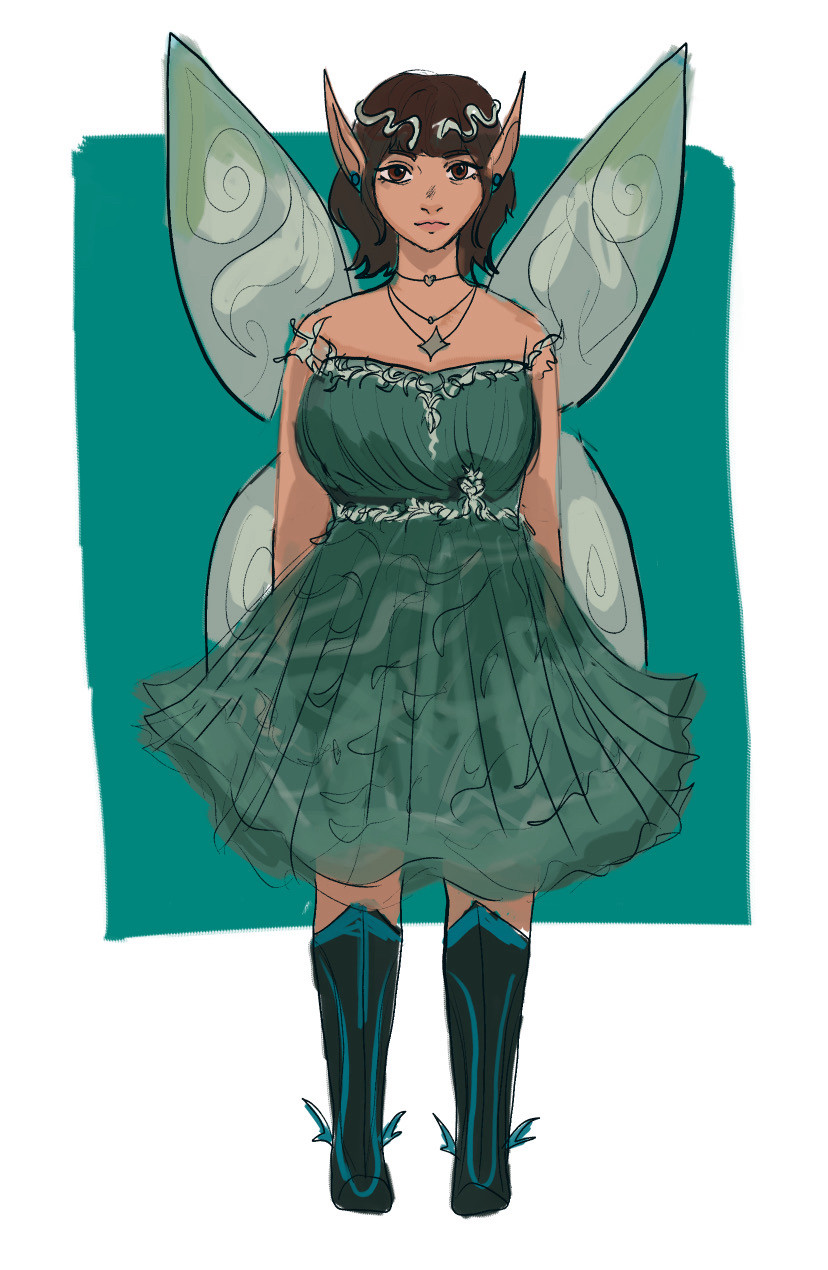 digital art illustration of a character in a green dress with light green wings