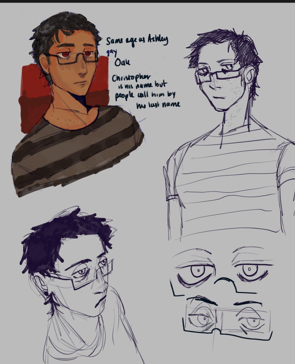 digital art sketch of a character drawn multiple times in different angles, with one sketch coloured. next to the sketches are drawings of eyes with glasses