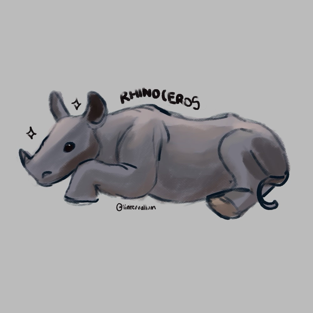 digital art illustration of a baby rhinoceros, with the word rhinoceros written over it