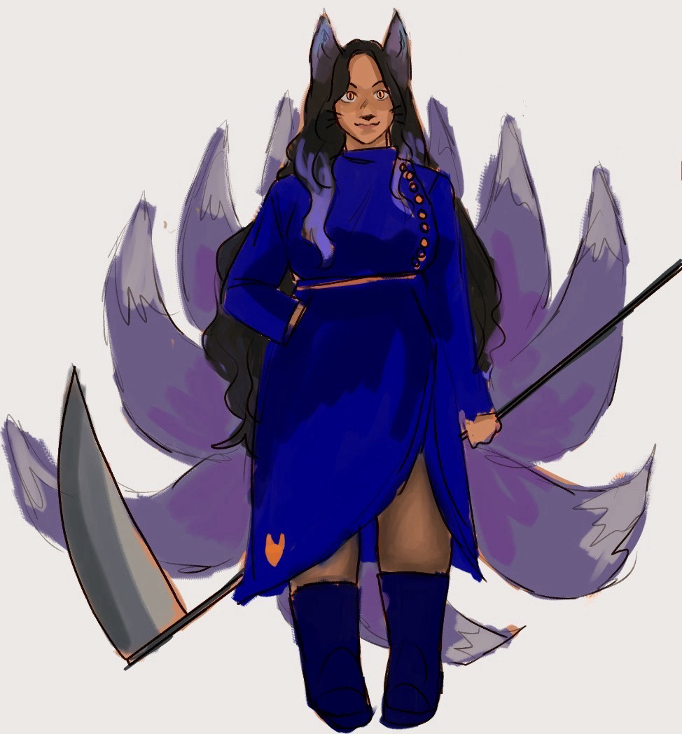 digital art illustration of a character in a navy blue jacket, holding a scythe with 9 purple coloured tails