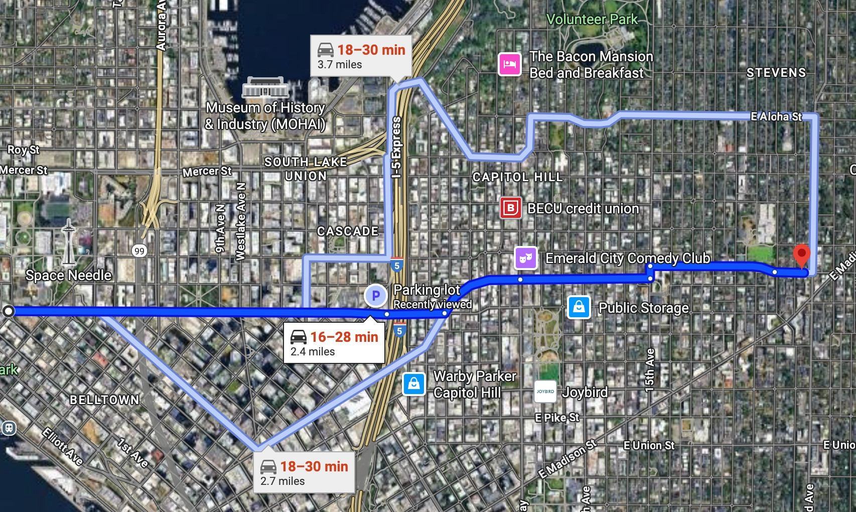 Screenshot of trip from denny to Madison showing alternatives that avoid denny
