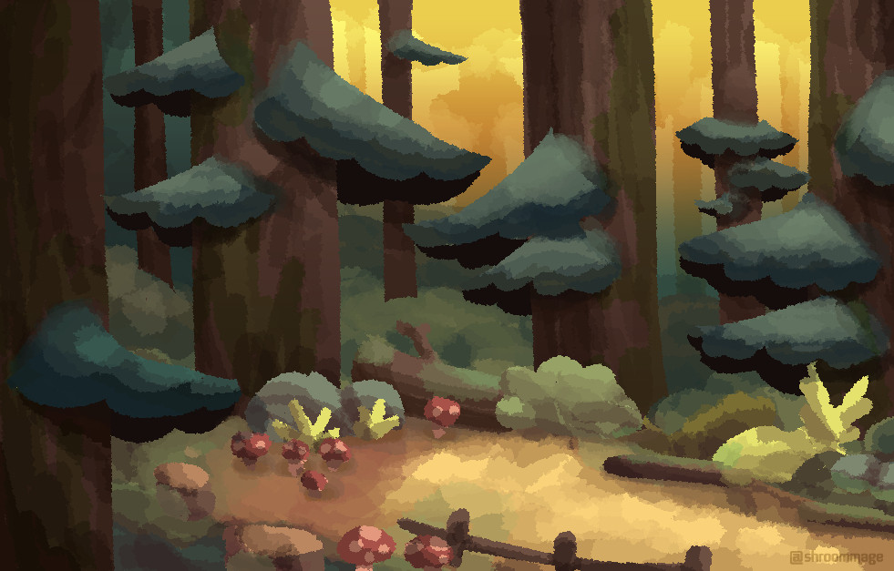 an overgrown forest scene with multiple trees, mushrooms, referenced from a gravity falls background scene