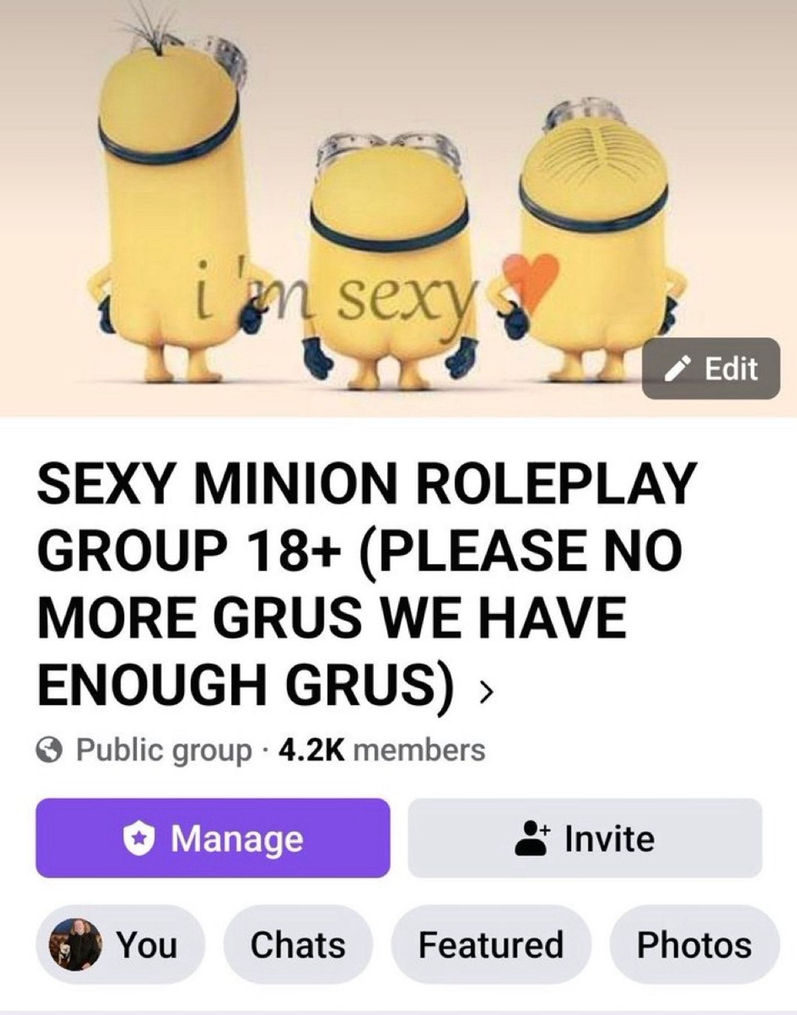 Facebook group that reads:  SEXY MINION ROLEPLAY GROUP 18+ (PLEASE NO MORE GRUS WE HAVE ENOUGH GRUS