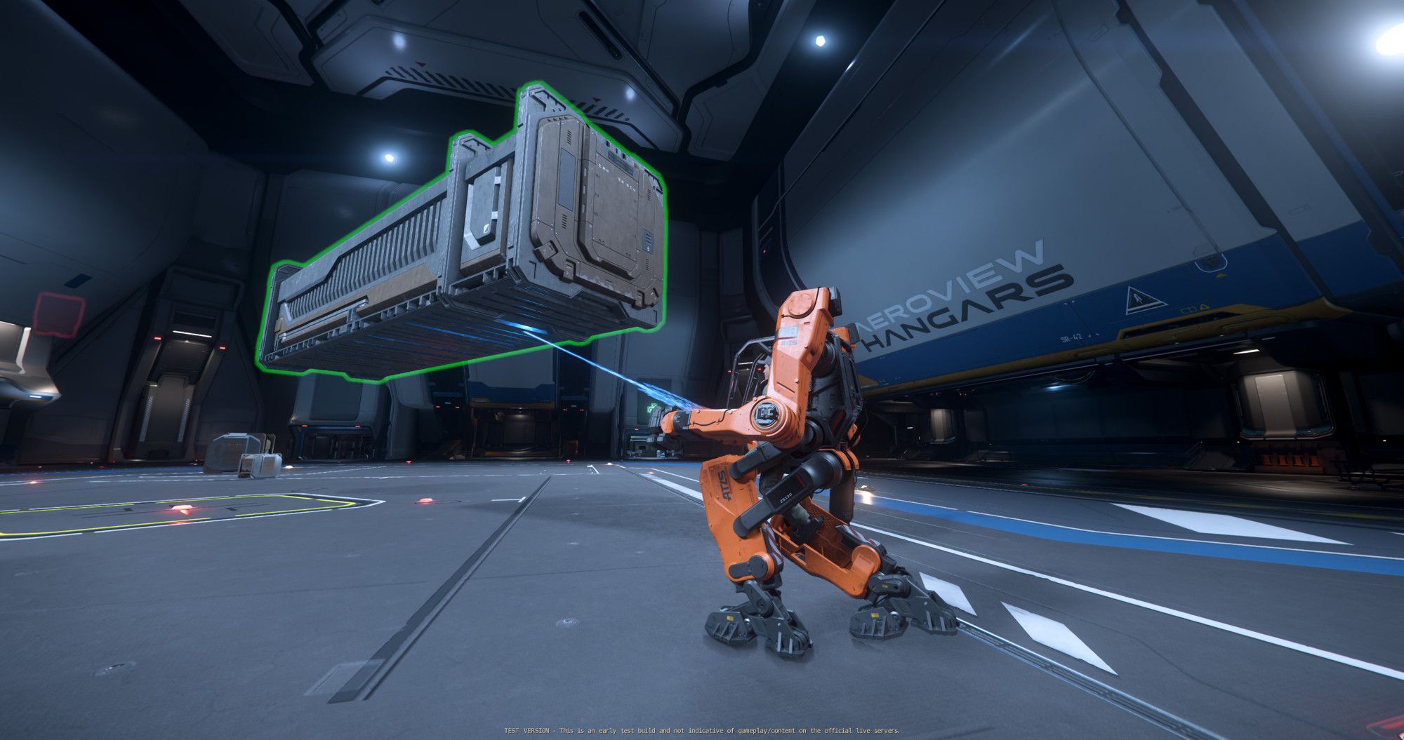 An orange and black Argo ATLS power suit walks from right to left across a hangar while lofting a large cargo container in the game "Star Citizen".