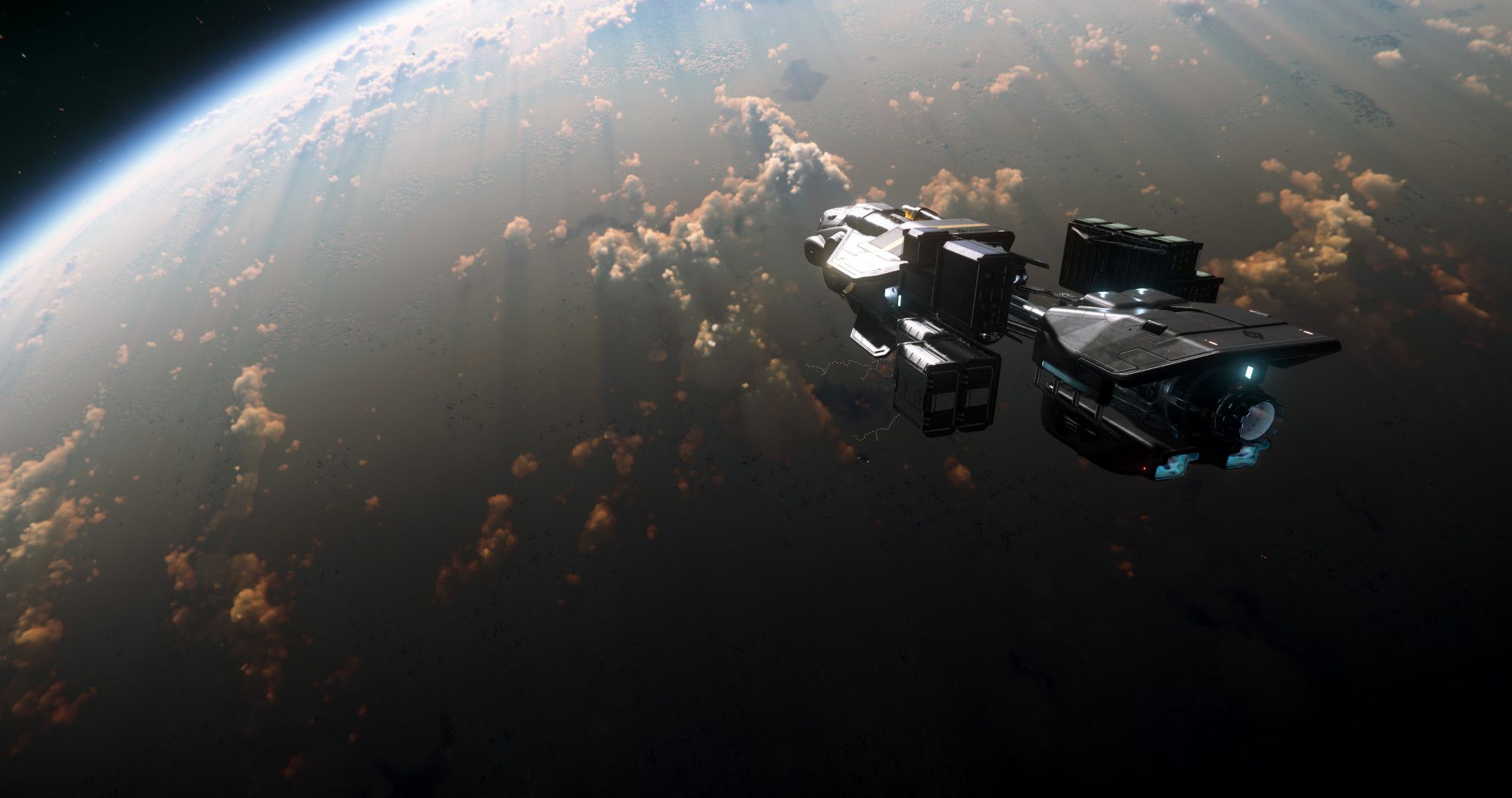 A MISC Hull A flies high above the clouds and shadows on the planet microTech in the game "Star Citizen".