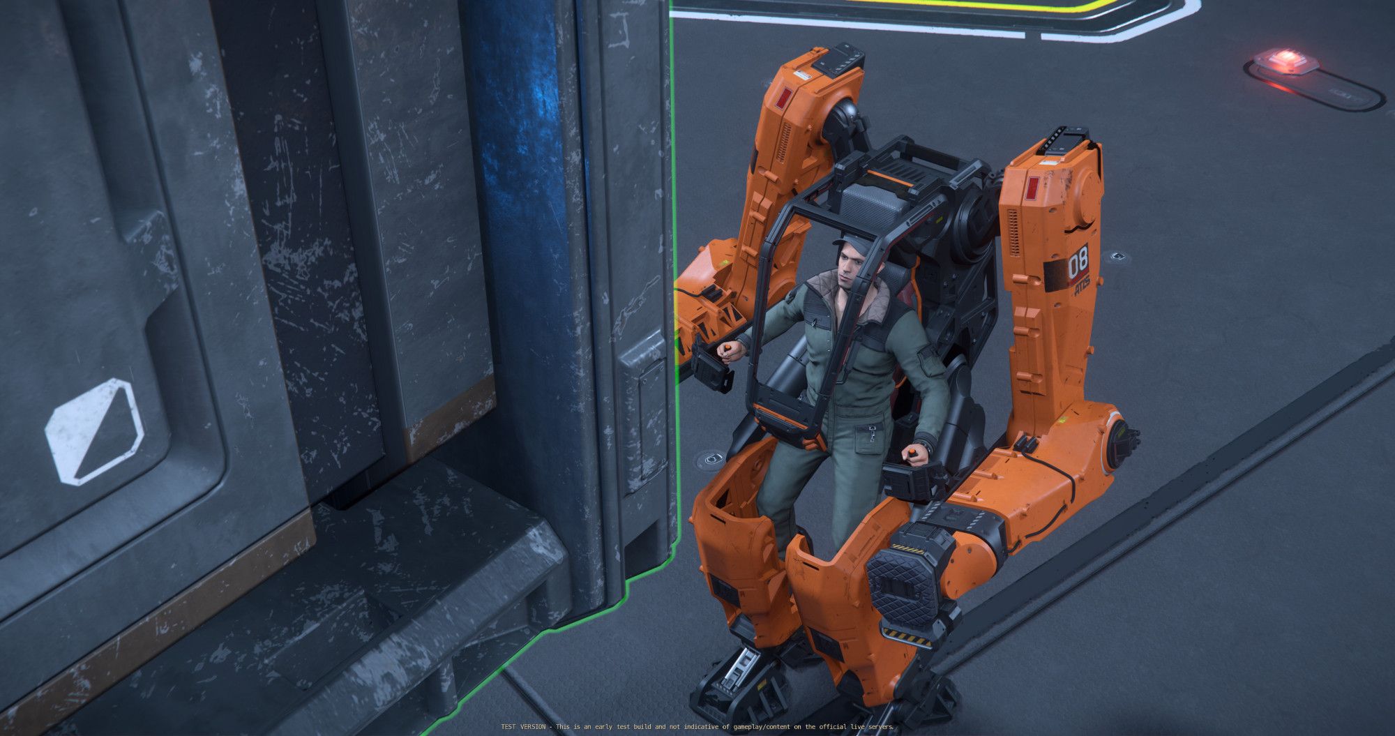 An orange and black Argo ATLS power suit lofts a cargo container above its occupant operator in the game "Star Citizen".