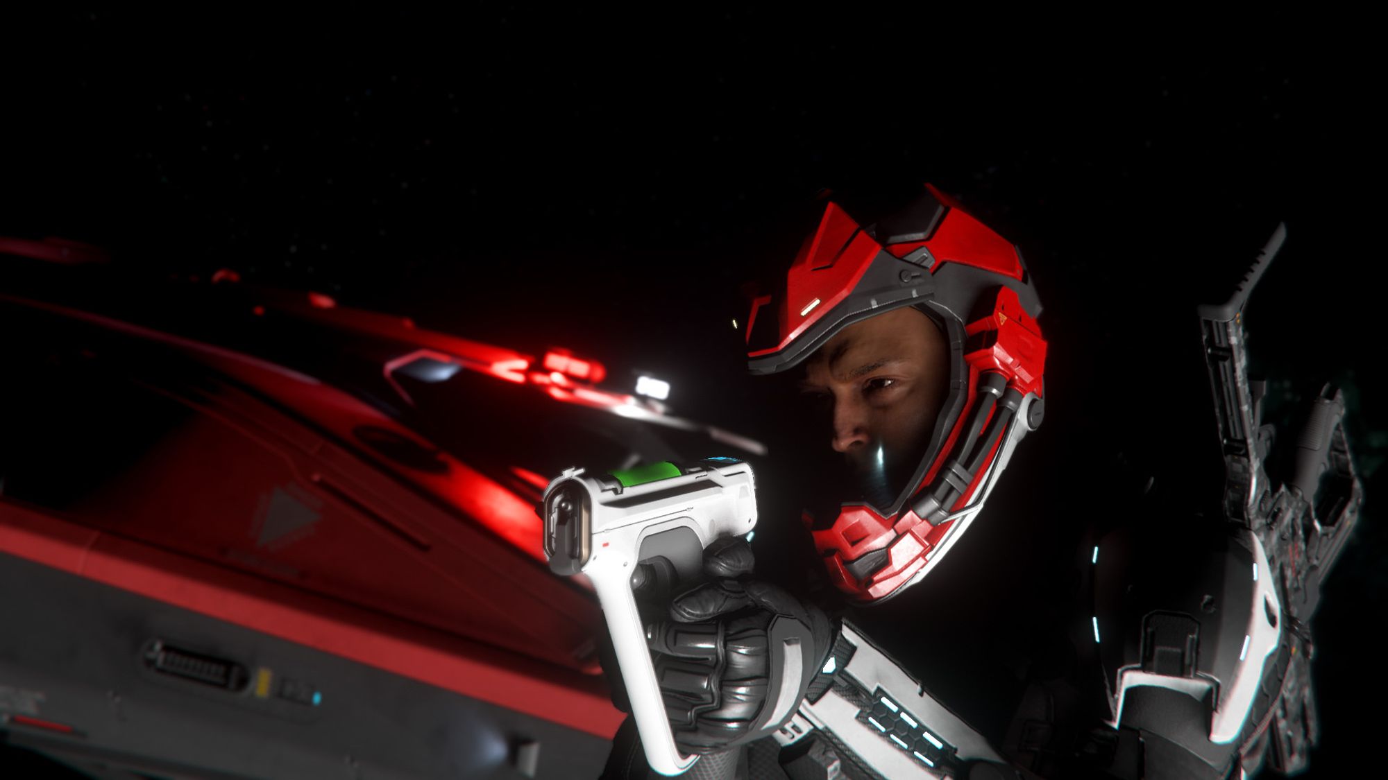 A player character in a red helmet holds a white medical tool in front of the flashing red and white lights of an Anvil Pisces Rescue in the game "Star Citizen".