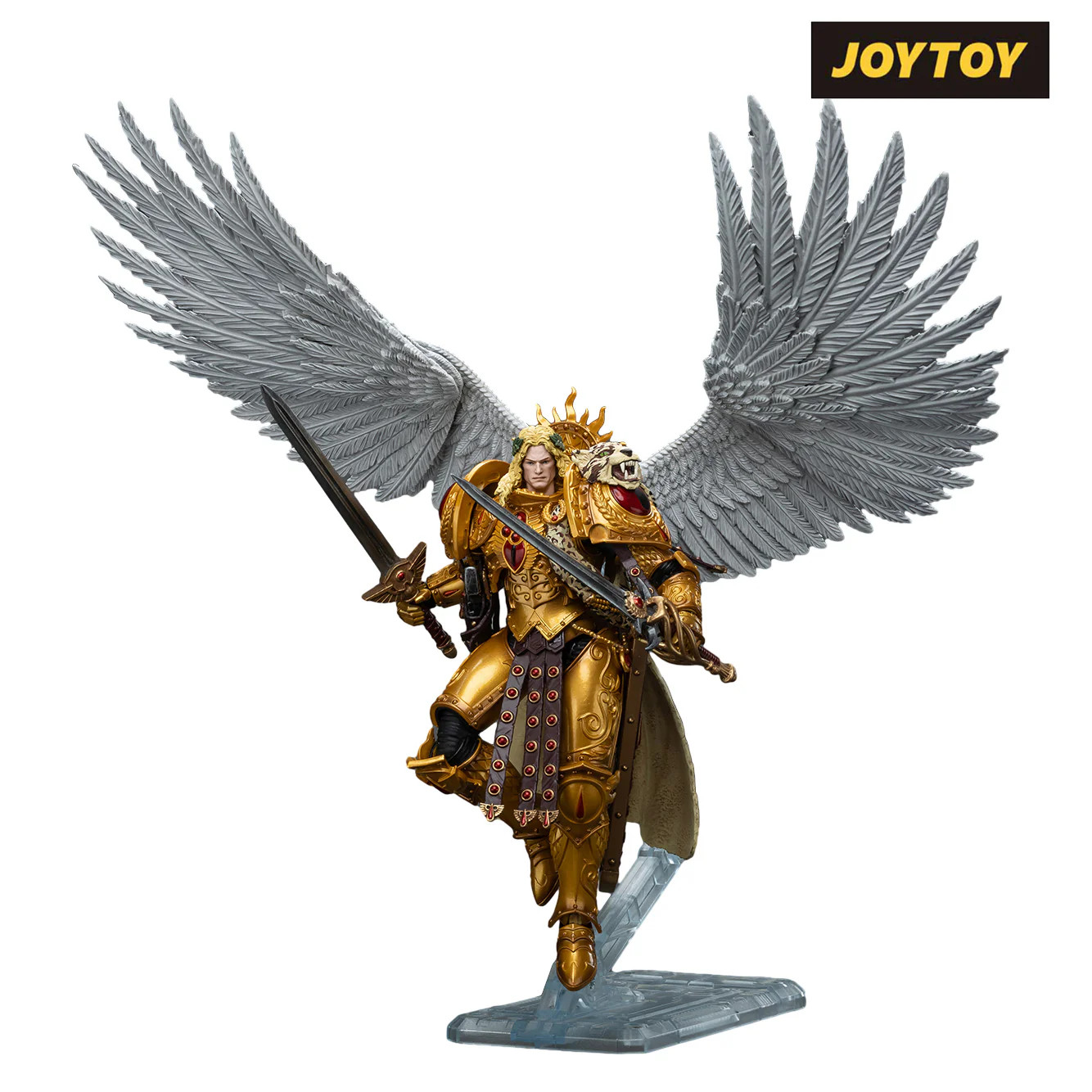 image of the joytoy figure of sanguinius from warhammer 40k. he's wearing golden armor, has two swords, and has his wings extended.