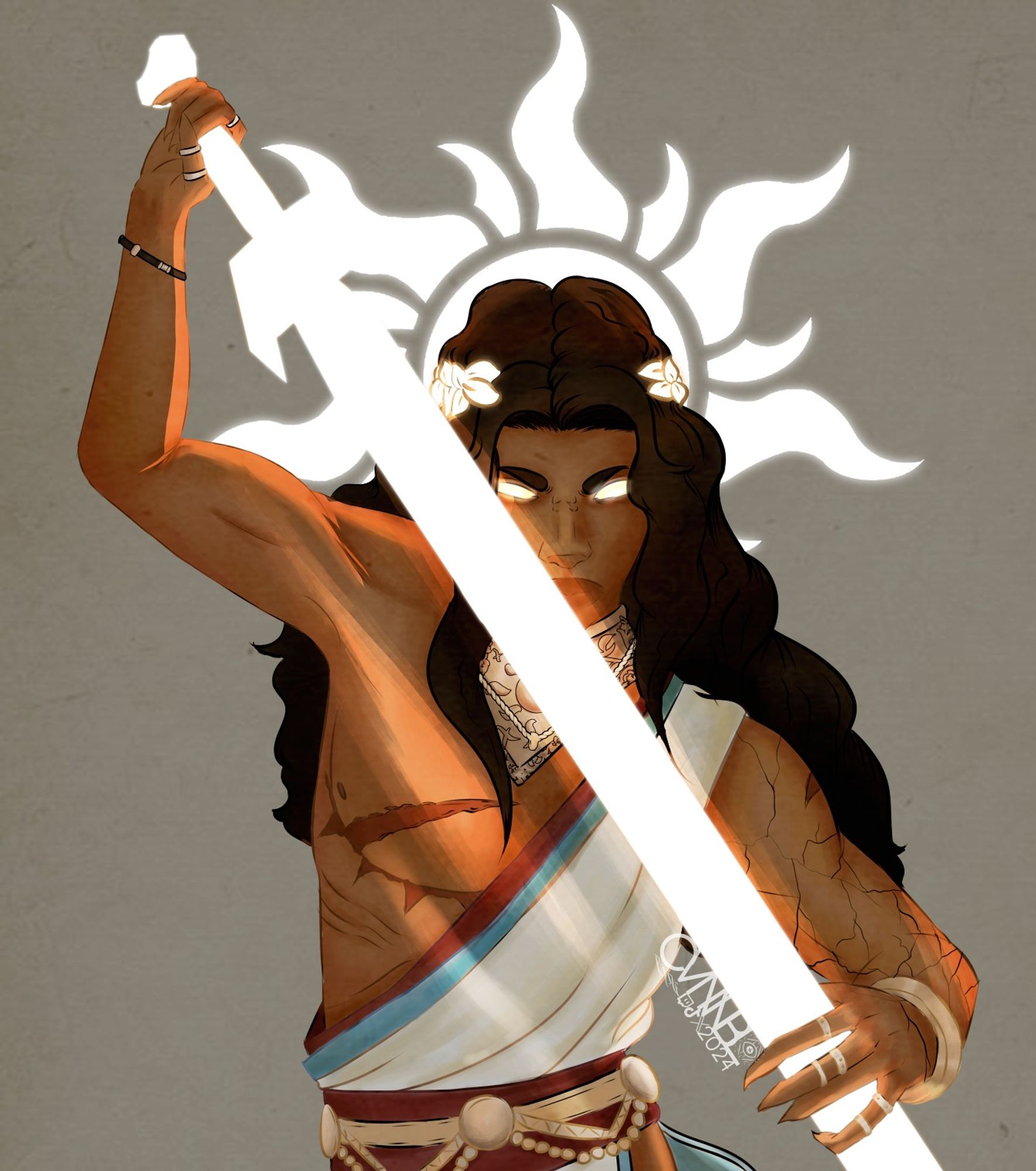 image of a god with a sun crown above his head. he looks to be ancient, with glowing eyes and a glowing white sword.