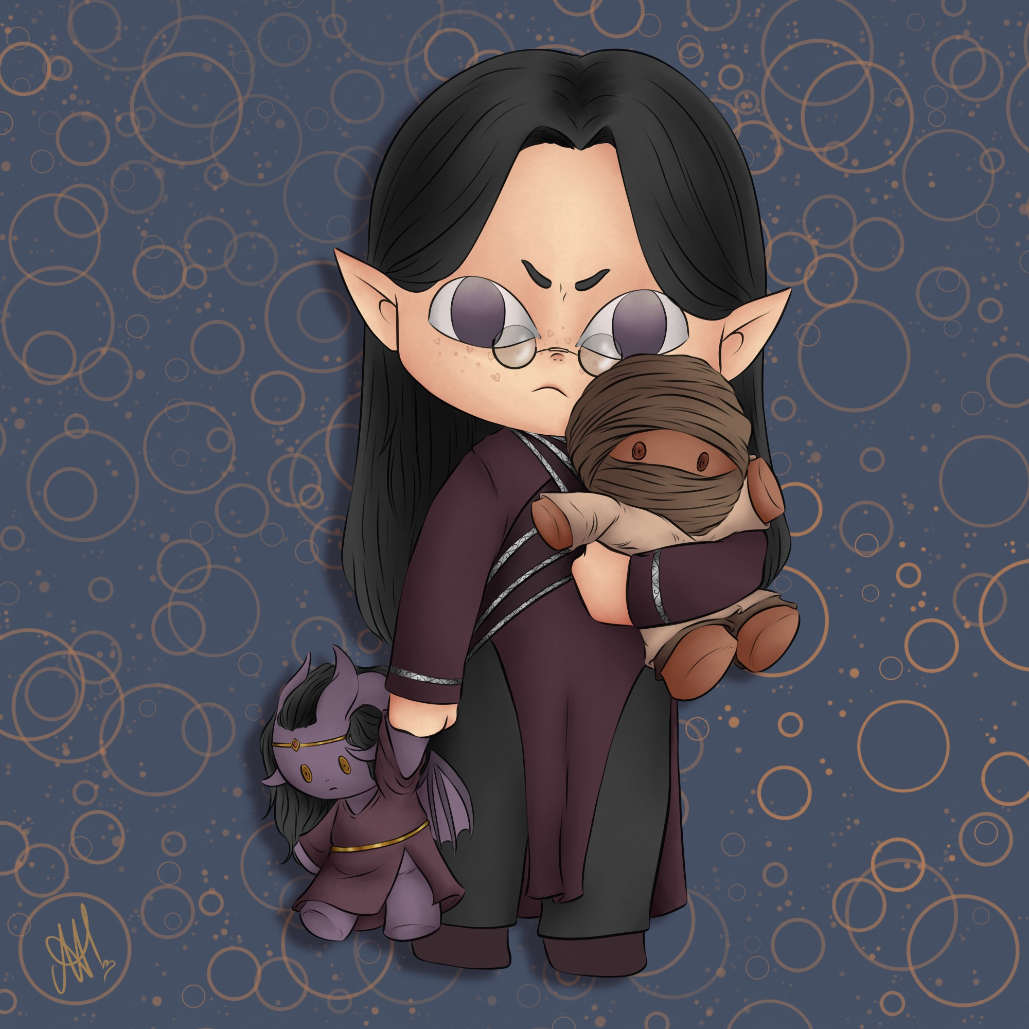 A chibi image of Ikarys holding a Sabiq and Muse plushy